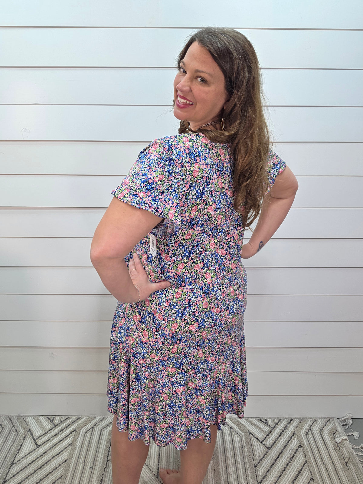 NAVY/PINK PETITE FLORAL DRESS W/ RUFFLE HEM
