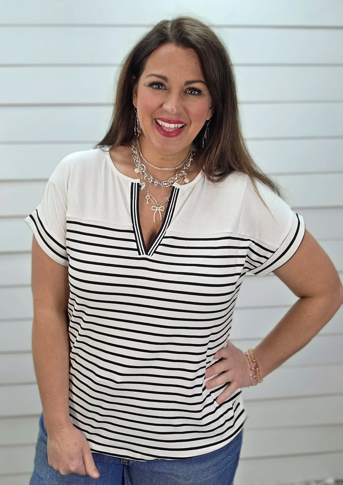 BLACK & WHITE STRIPED COLORBLOCK V NECK FRENCH TERRY KNIT TOP