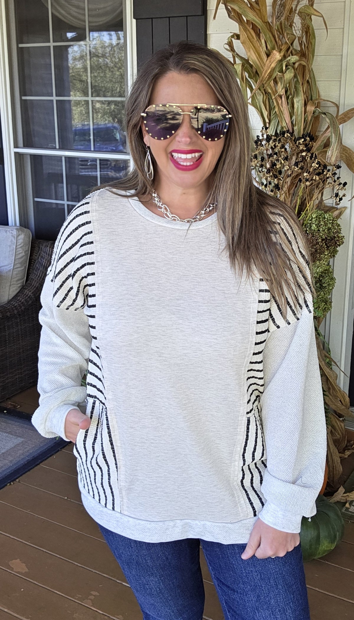 OATMEAL FRENCH TERRY BLACK STRIPED TEXTURED CONTRAST KNIT TOP