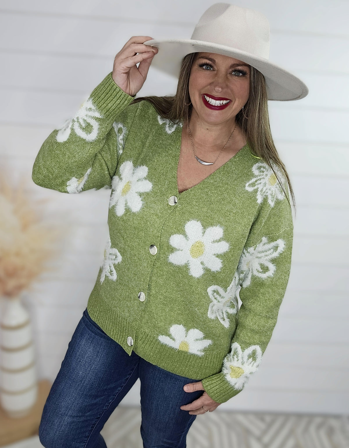 GREEN FLORAL FUZZY BUTTON CARDIGAN SWEATER