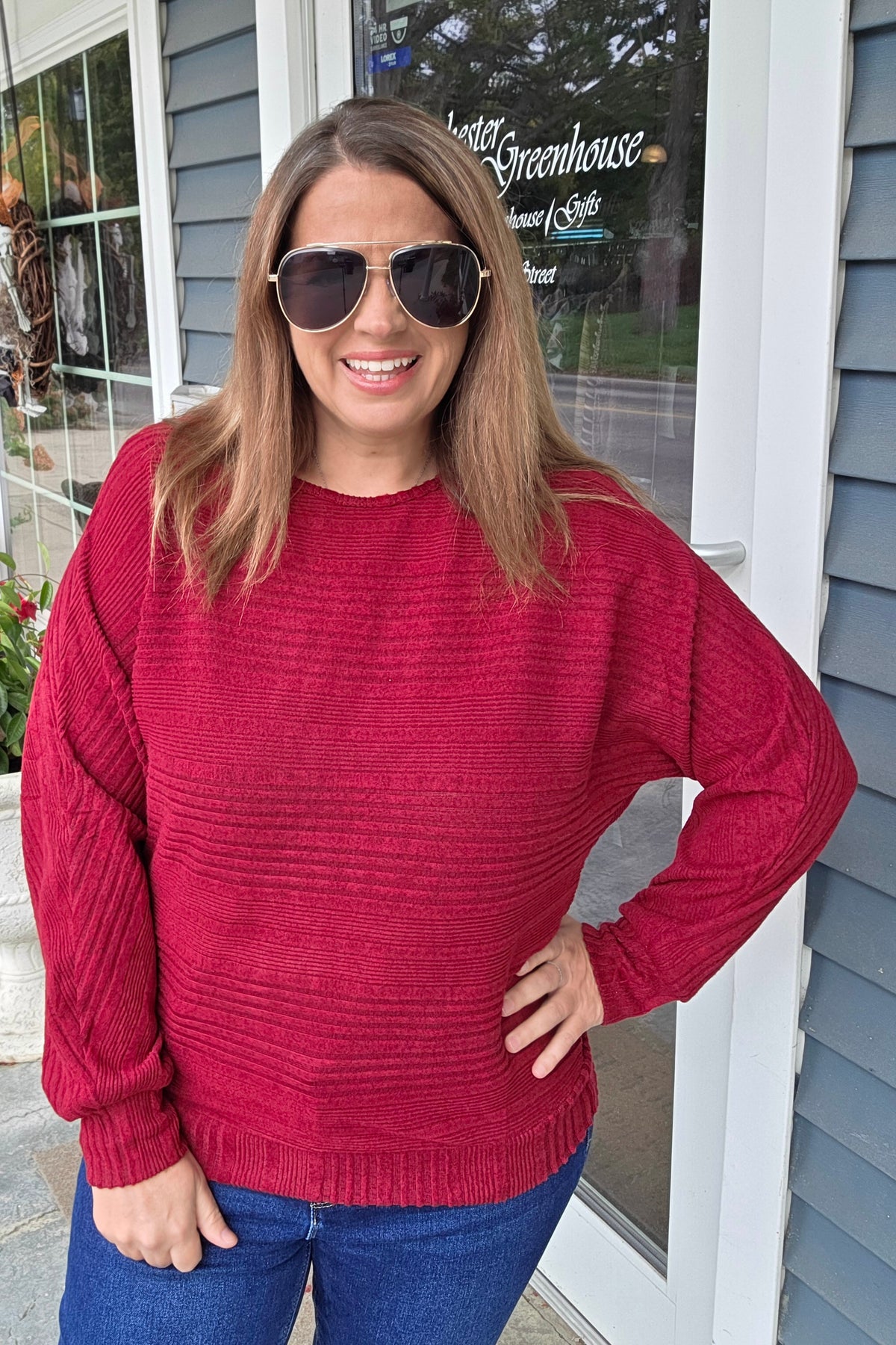 BURGUNDY DOLMAN TEXTURED BRUSHED KNIT TOP