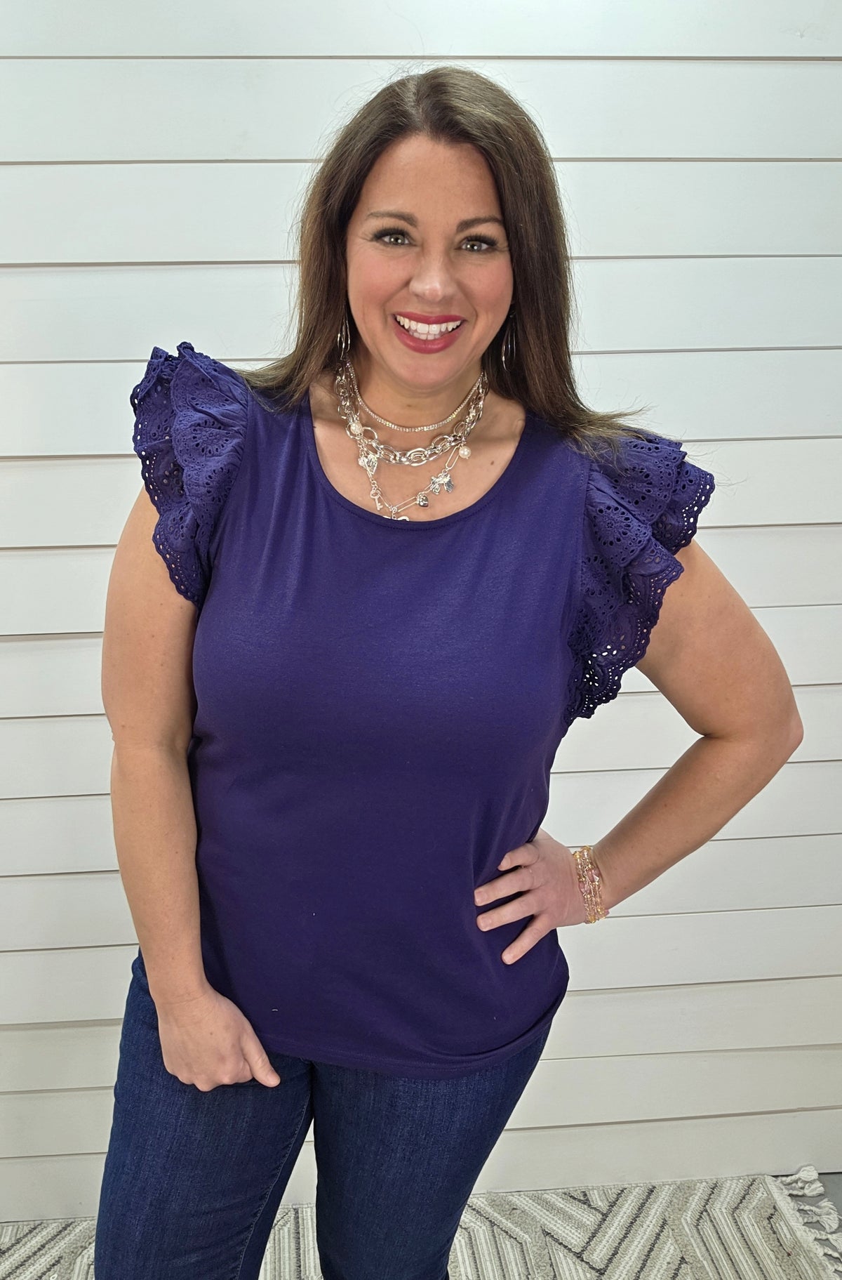 NAVY KNIT TOP W/ LACE DOUBLE RUFFLE SLEEVES