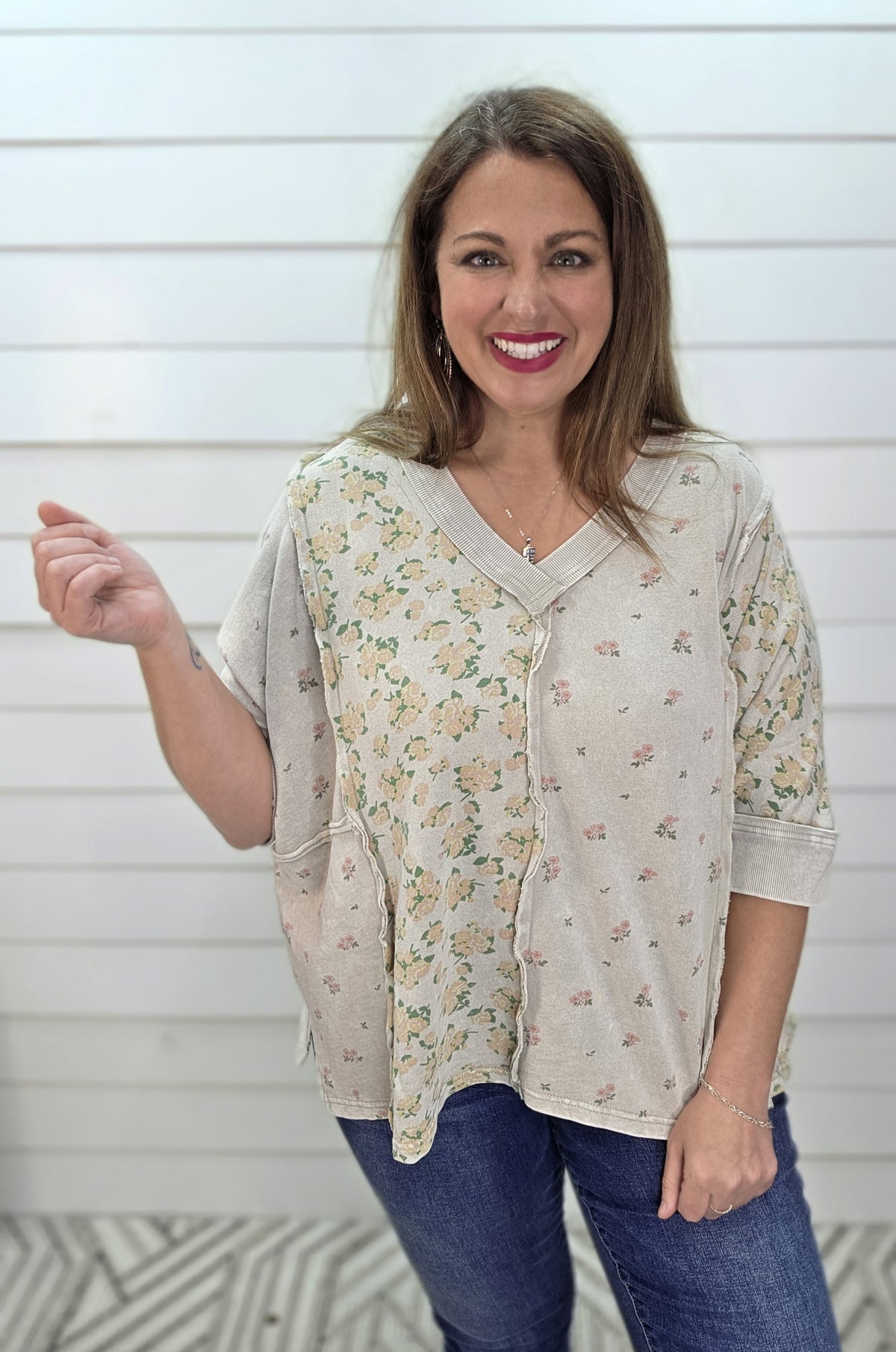 STONE GREY OVERSIZED FLORAL CONTRAST FRENCH TERRY KNIT TOP