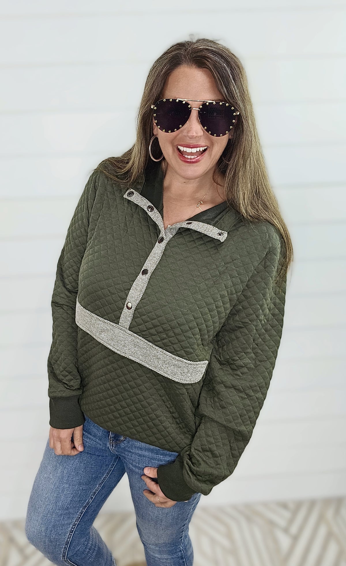 OLIVE QUILTED HALF SNAP PULLOVER