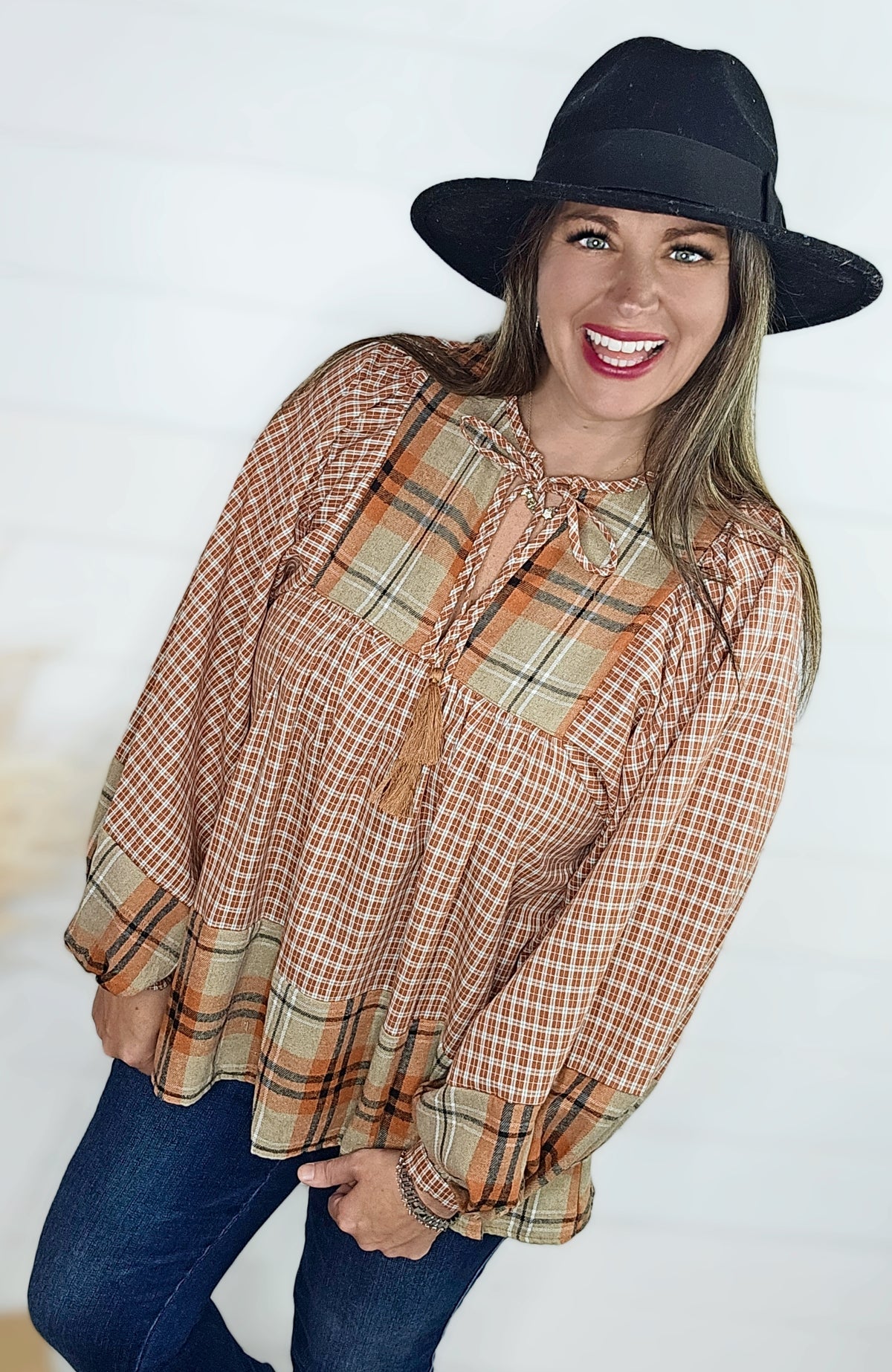 RUST/TAN PLAID CONTRAST BOHO TOP