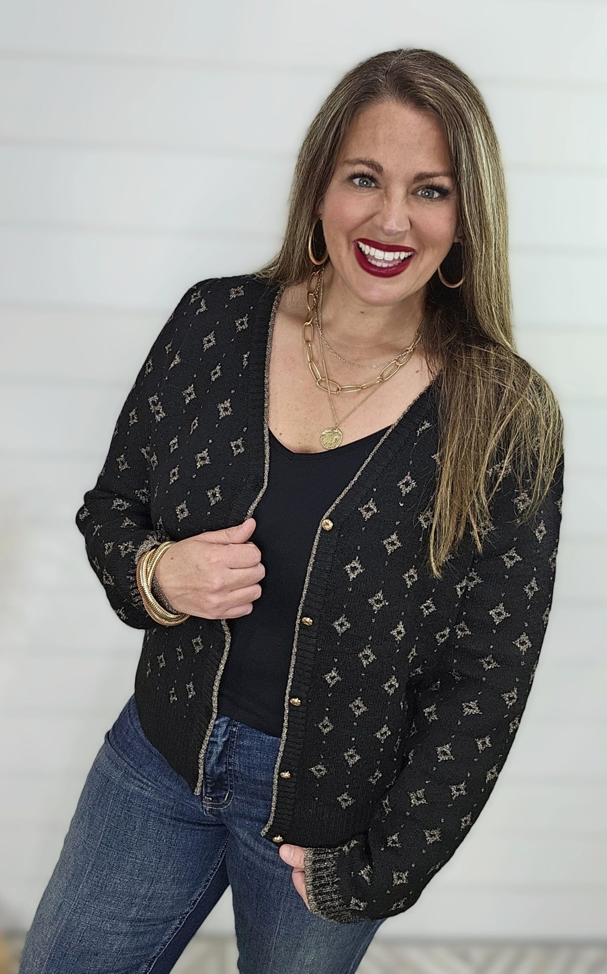 BLACK/GOLD LUXY V NECK BUTTON DOWN CARDIGAN SWEATER