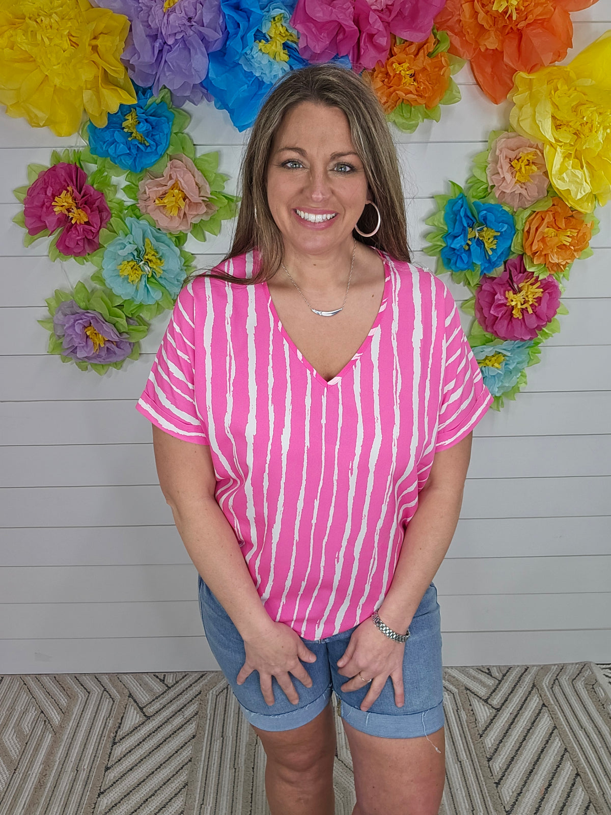 FUSCHIA VERTICAL STRIPE V NECK WOVEN TOP