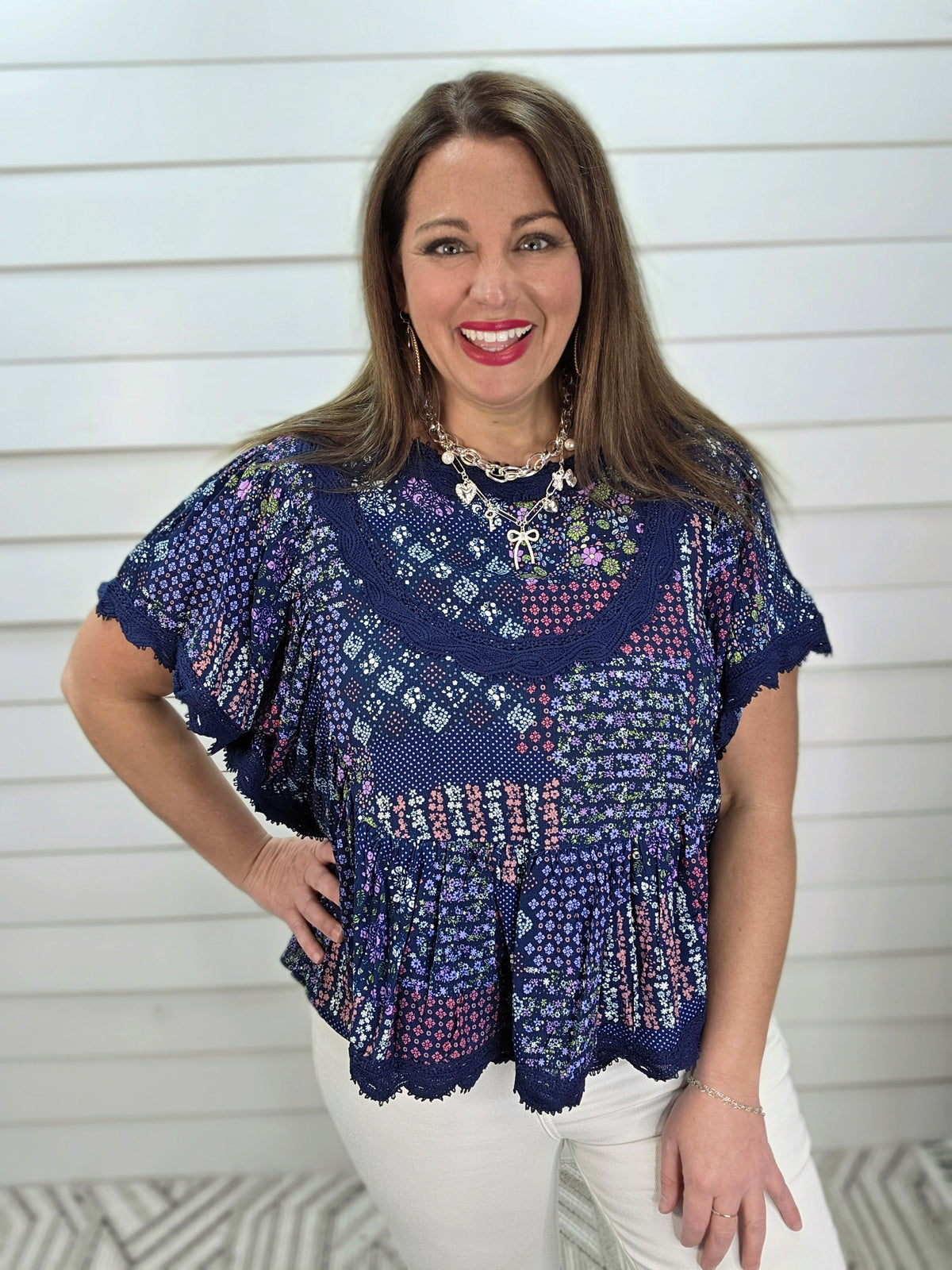 NAVY PATCHWORK FLORAL/LACE TRIM WOVEN TOP