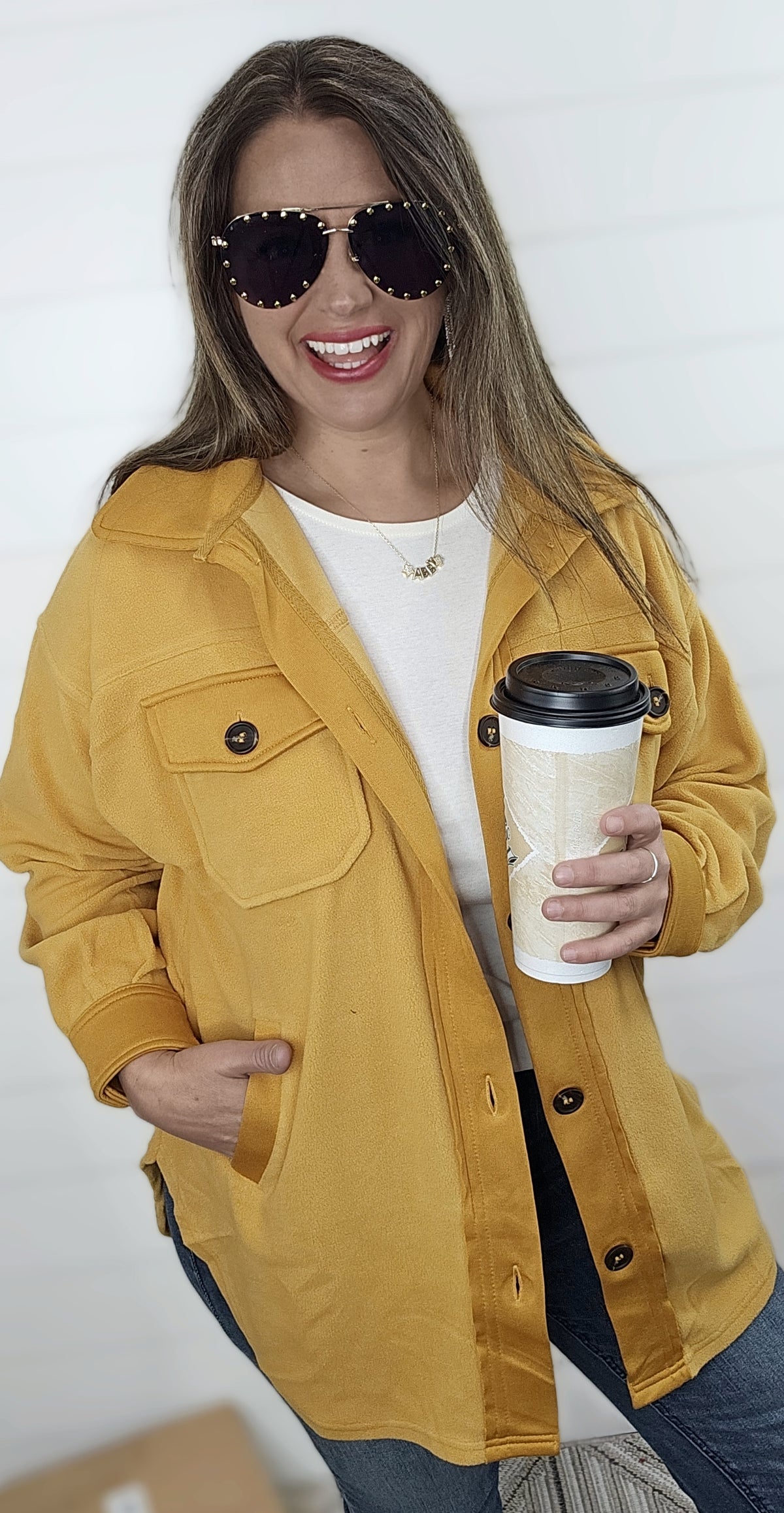 OVERSIZED PLUSH FLEECE SHACKET - MUSTARD