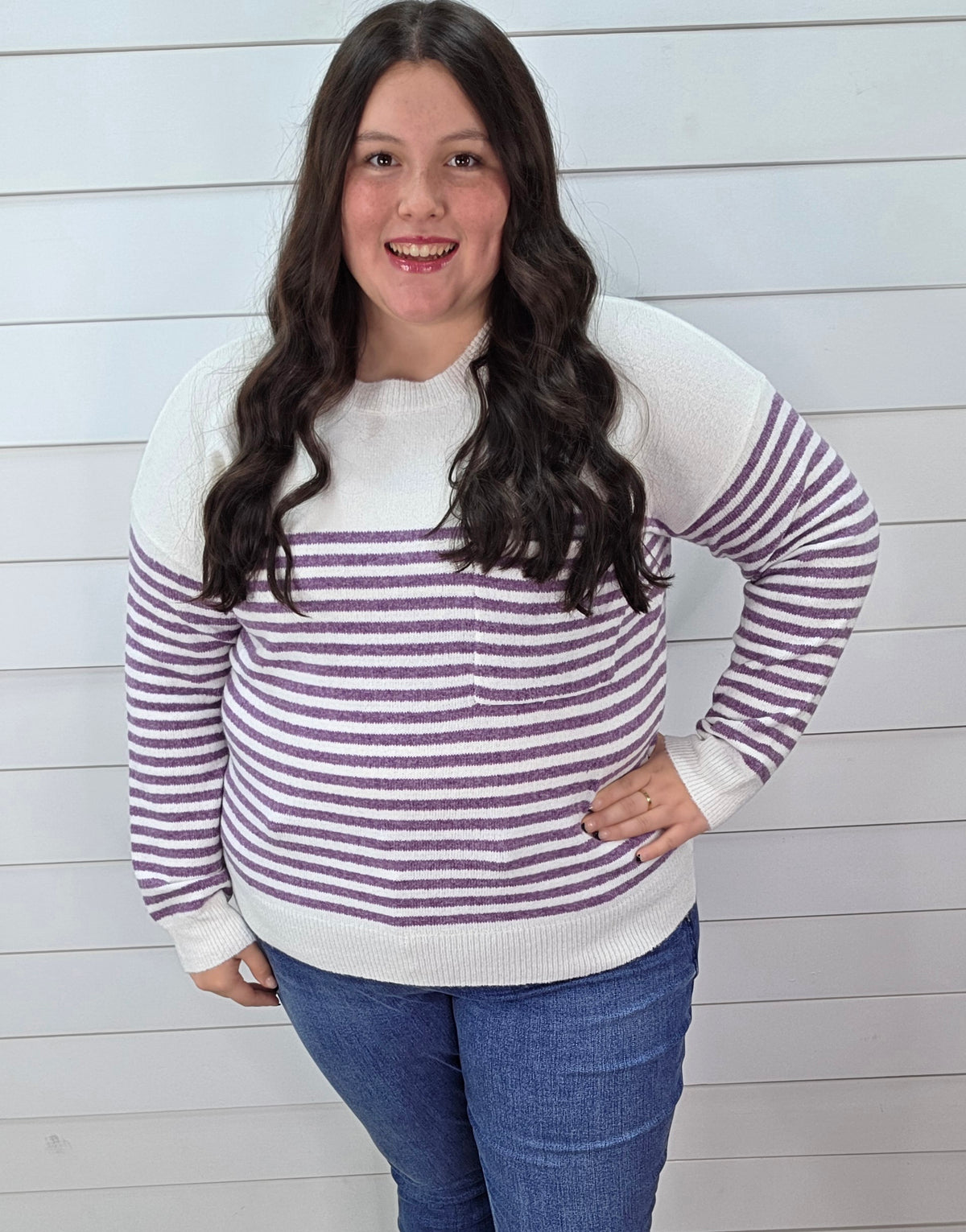 PURPLE STRIPED POCKET KNIT LIGHT WEIGHT SWEATER