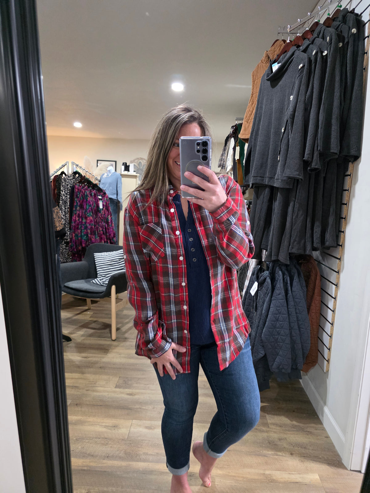 RED CHECK PLAID BUTTON DOWN FLANNEL