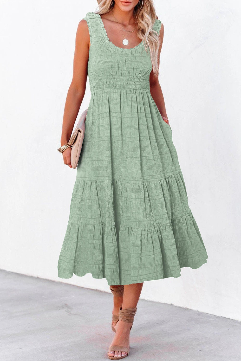 GREEN TEXTURED ELASTIC WASIT SLEEVELESS DRESS