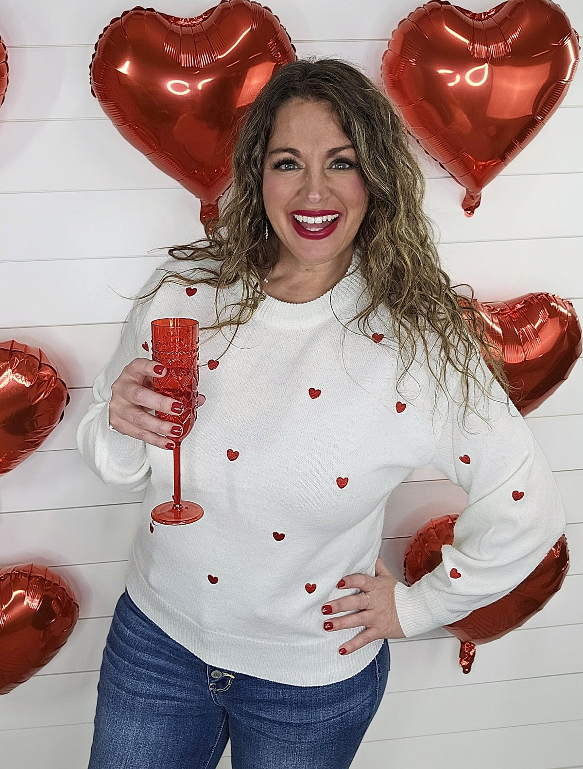 WHITE/RED EMBROIDERED HEART SWEATER