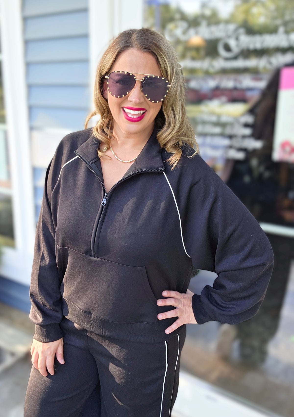 BLACK PINSTRIPE HALF ZIP PULLOVER