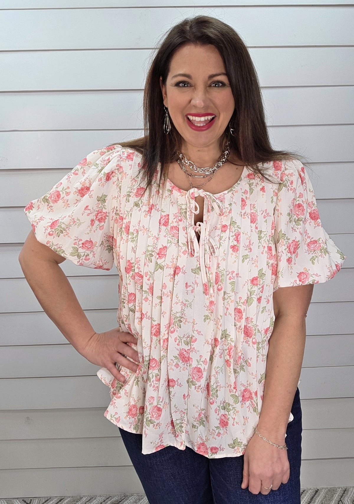 BLUSH/PINK FLORAL PLEATED TIE TOP