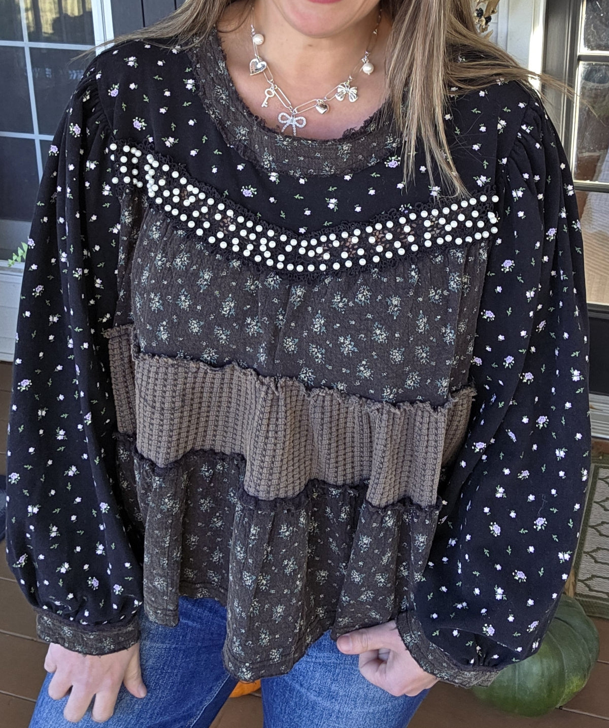 POL BLACK MINERAL WASH OVERSIZED PEARL TRIM TOP