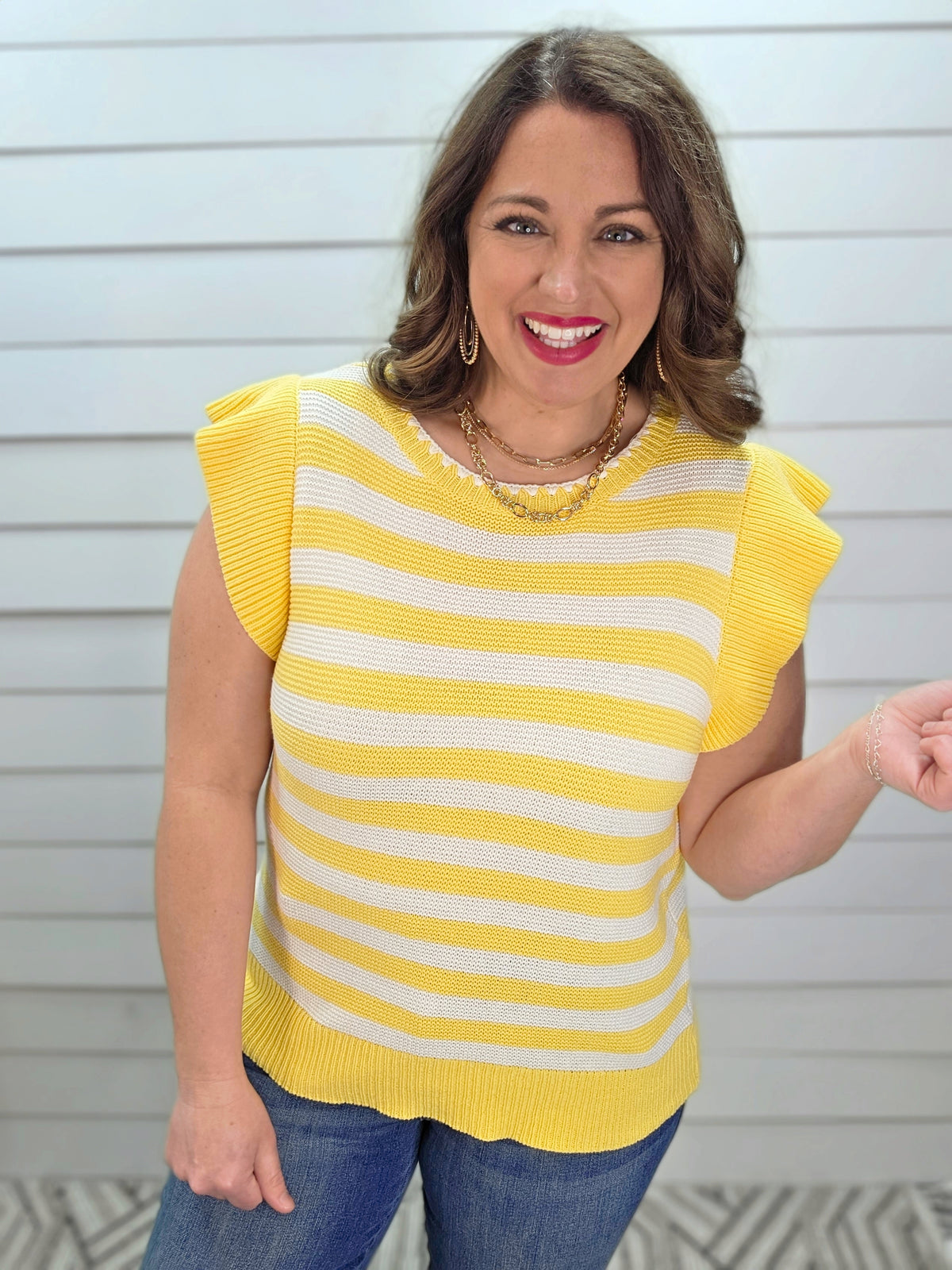 YELLOW/WHITE STRIPED SWEATER KNIT W/ RUFFLE SLEEVE