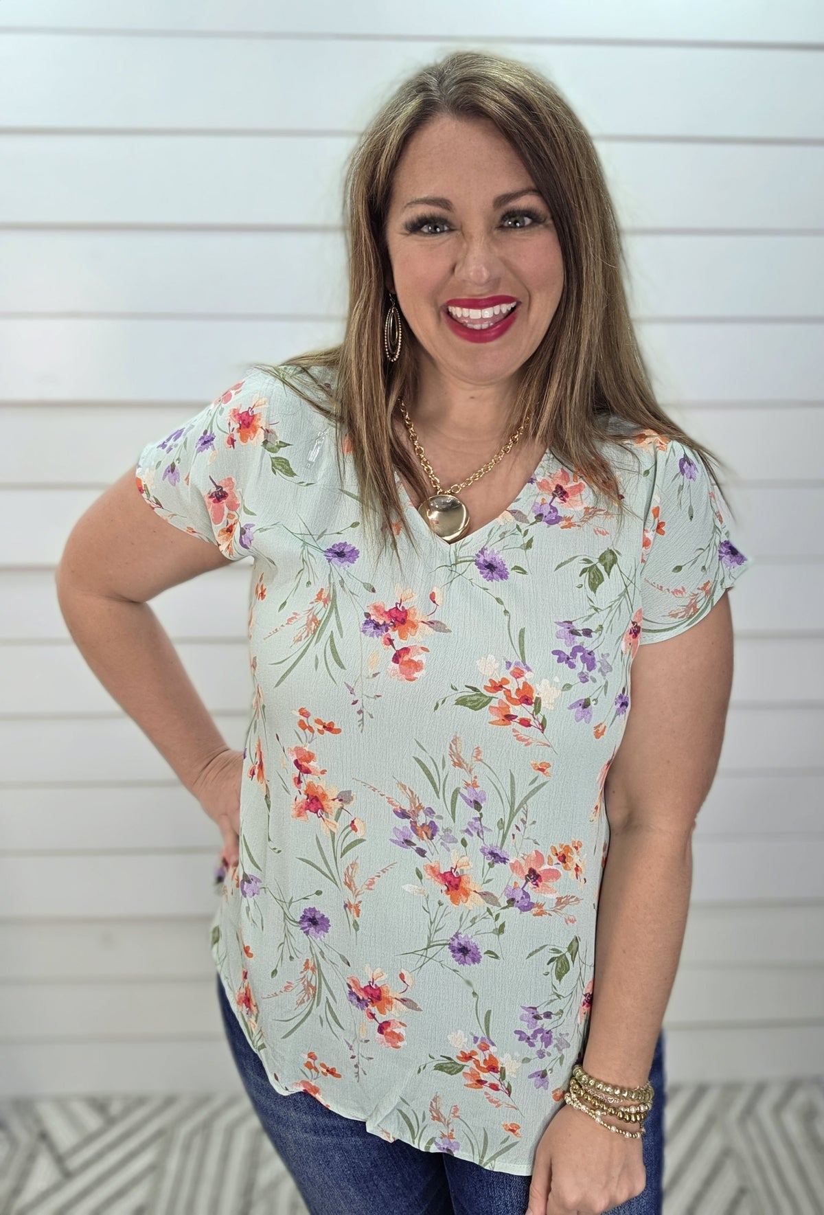 MINT FLORAL V NECK WOVEN TOP