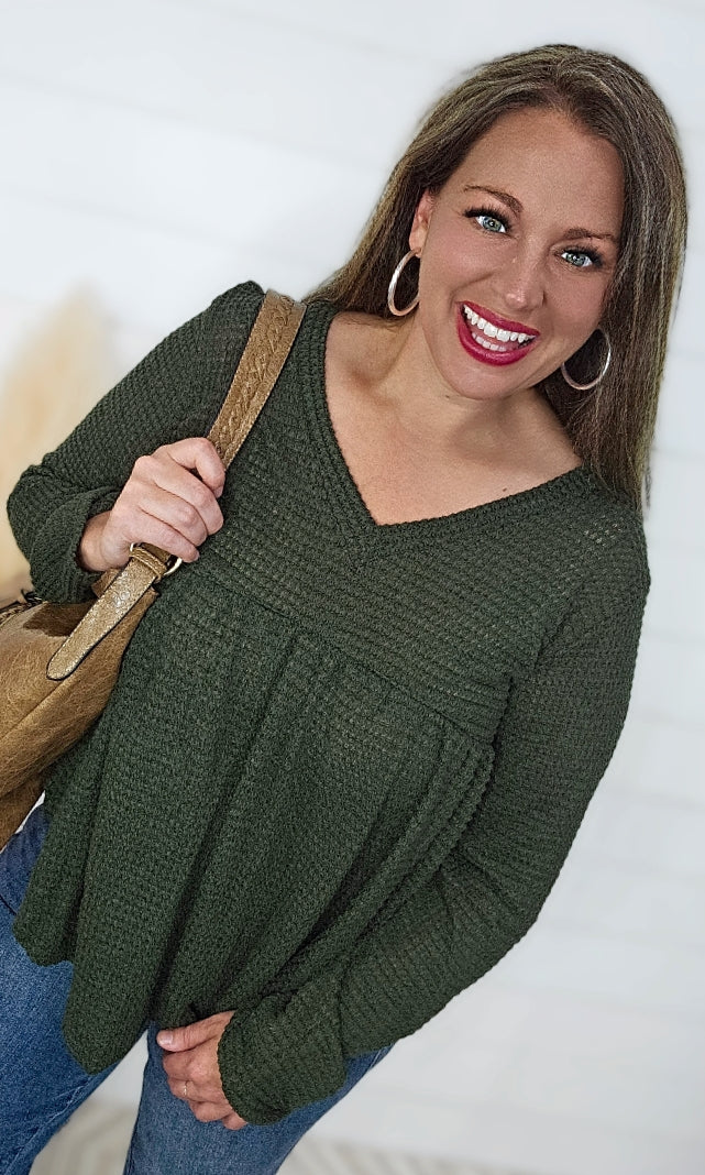 OLIVE WAFFLE KNIT BABYDOLL TOP