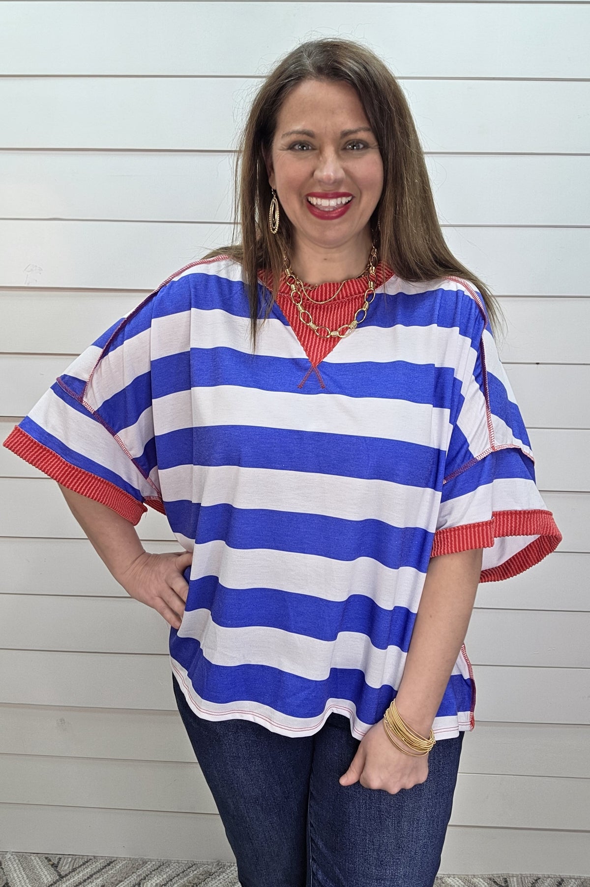 BLUE/WHITE STRIPED W/ RED RAISED RIBBED TRIM KNIT OVERSIZED TOP