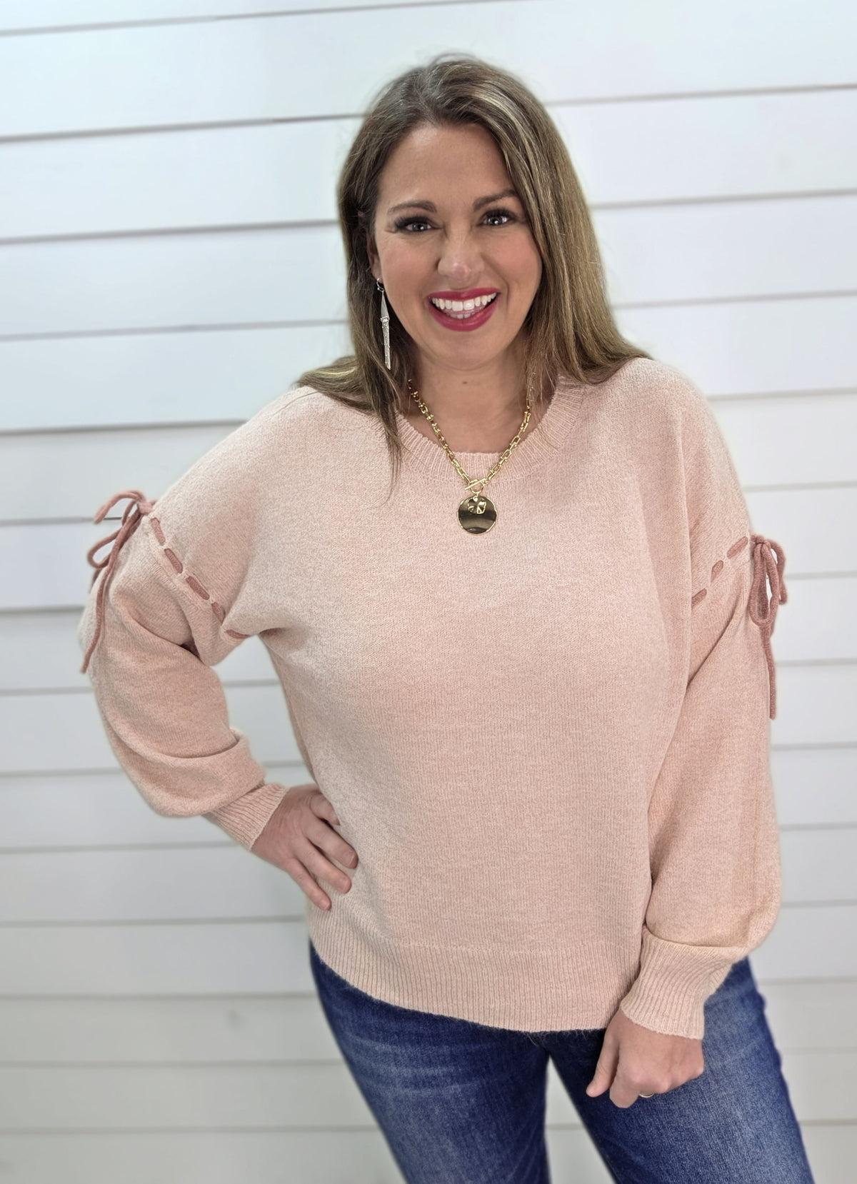 BLUSH SOFT KNIT BOW STITCH SLEEVE DETAIL PULLOVER SWEATER