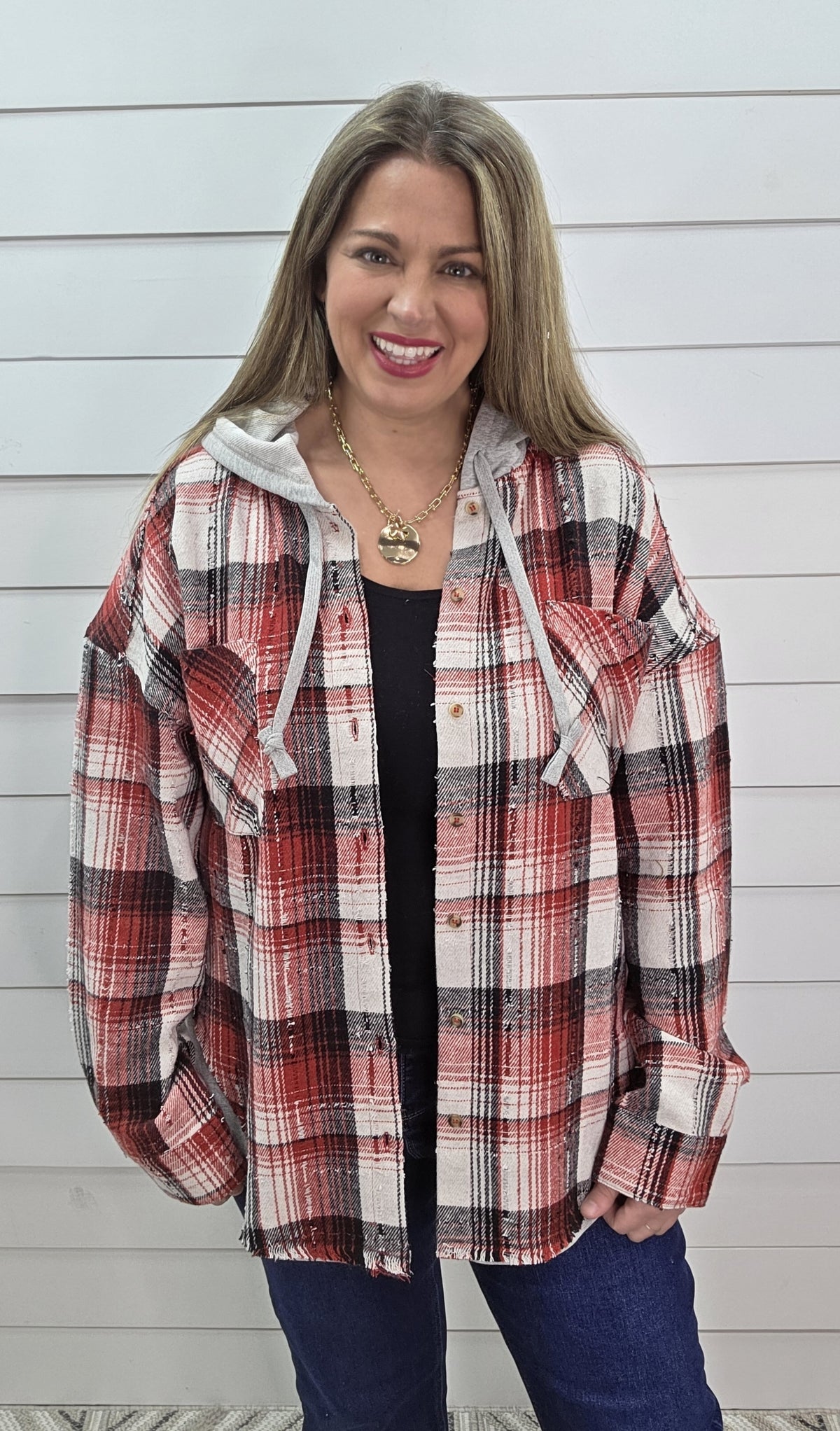 RED/BLACK PLAID BUTTON DOWN HOODED SHACKET