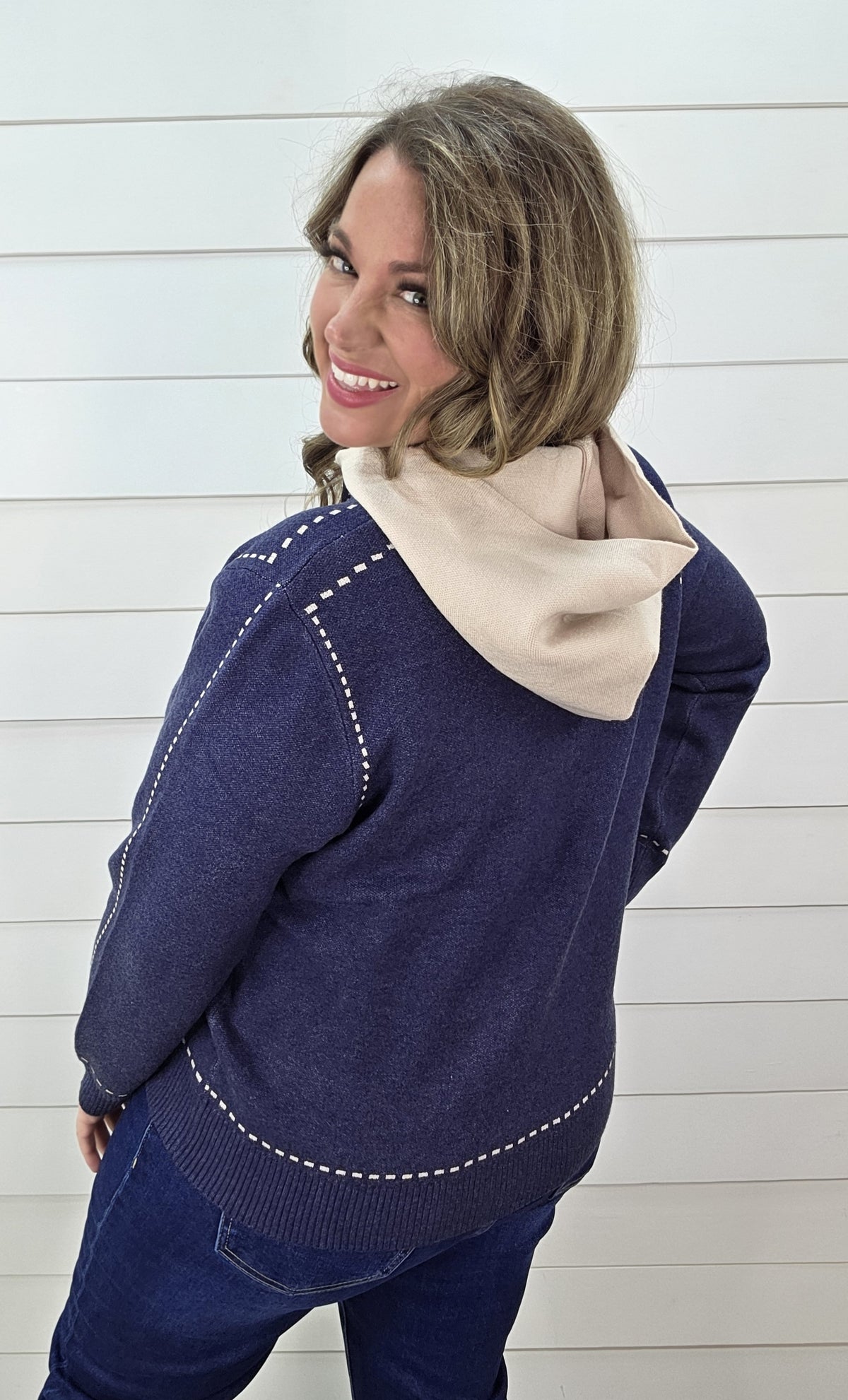 INDIGO REMOVEABLE HOOD STITCH ACCENT FULL ZIP SWEATER