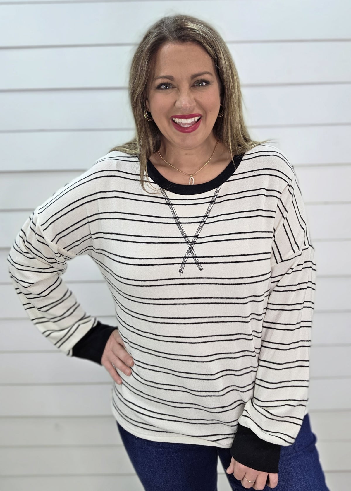 IVORY/BLACK STRIPED BRUSHED KNIT TOP