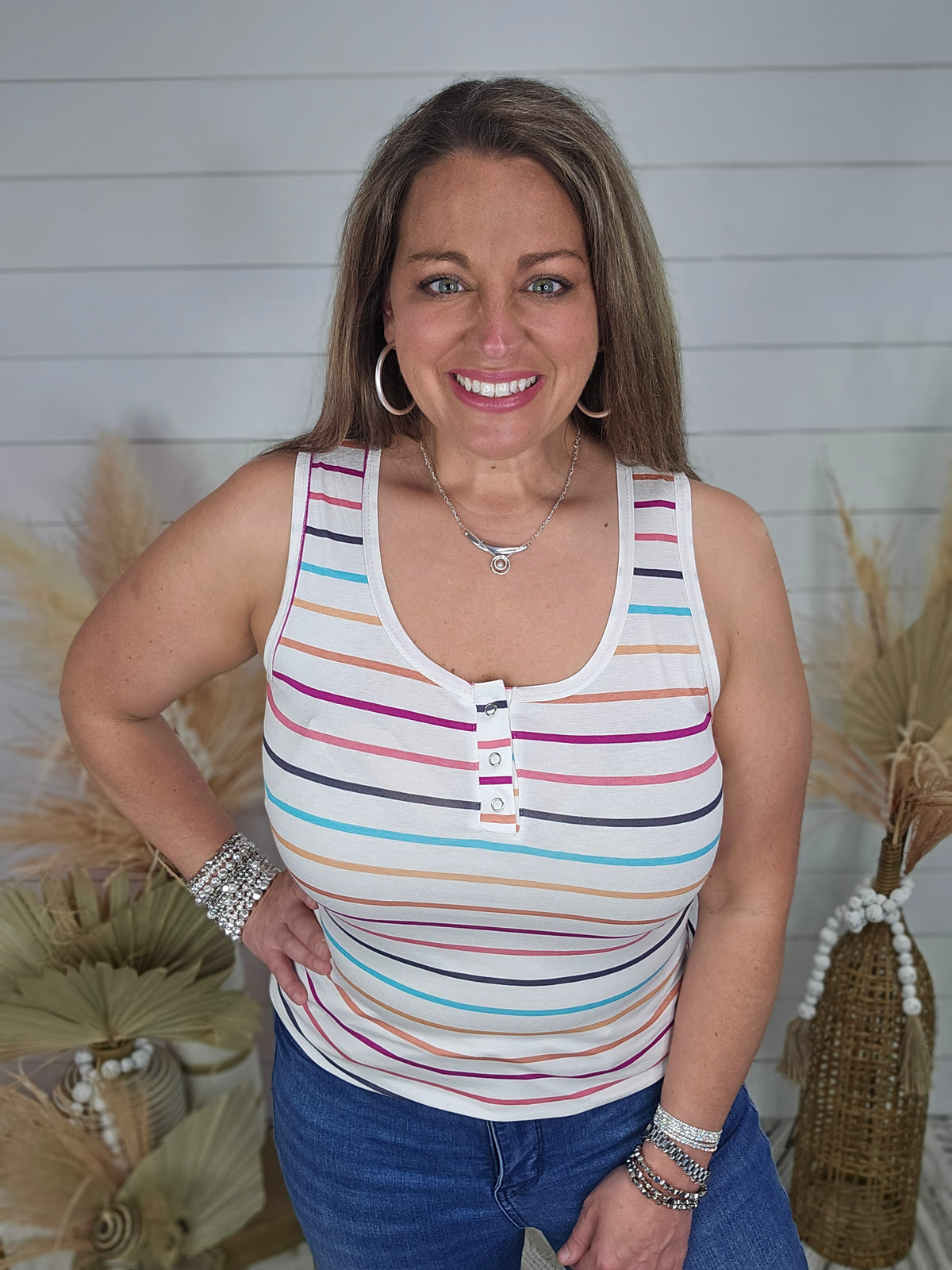 WHITE MULTI STRIPE SNAP HENLEY TANK