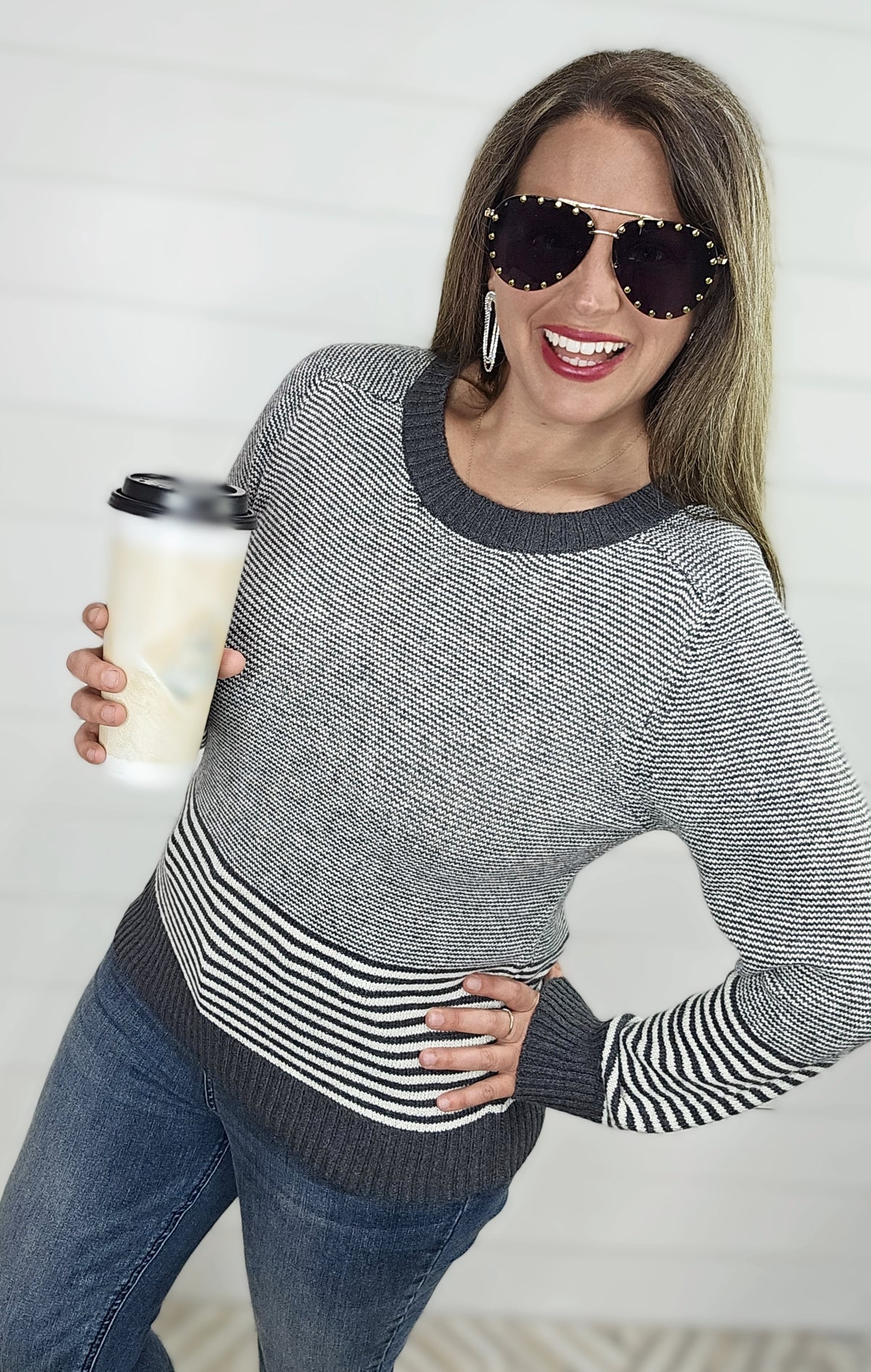 CHARCOAL MULTI STRIPE CREW NECK PULLOVER SWEATER