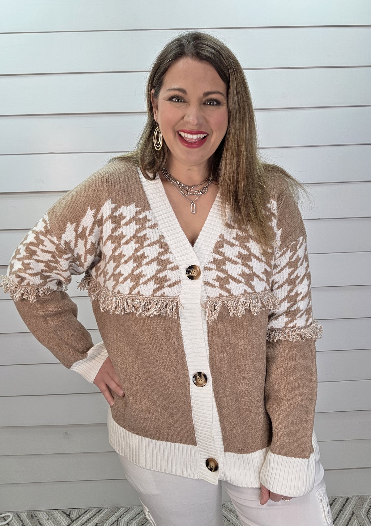 BROWN/WHITE BUTTON HOUNDSTOOTH FRINGE TRIM CARDIGAN