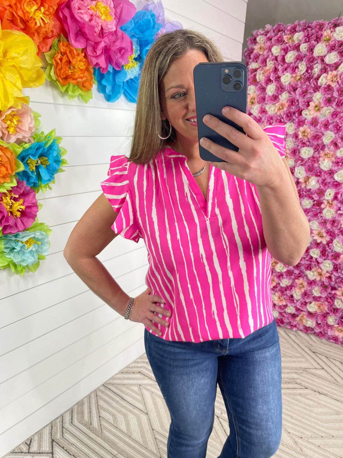 PINK/WHITE VERTICAL STRIPE WOVEN RUFFLE SLEEVE TOP