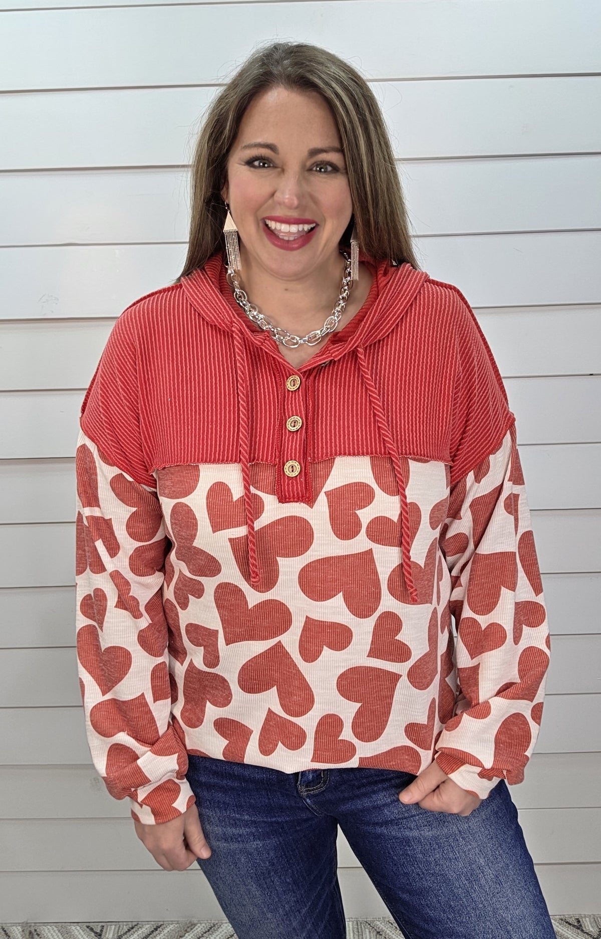 RED/IVORY HEART RIBBED HOODIE