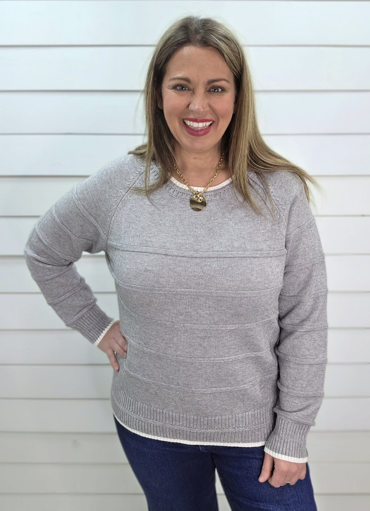 HEATHER GREY TEXTURED STRIPED CREW NECK PULLOVER SWEATER