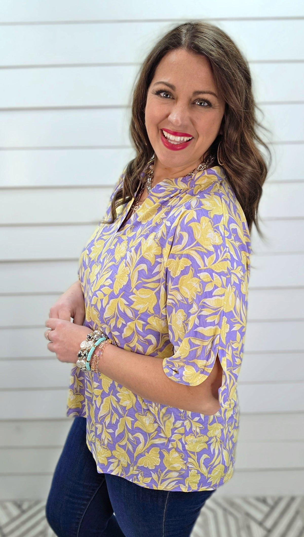 DEAR SCARLETT BREEZE SPLIT SLEEVE TOP - LILAC YELLOW FLORAL PRINT