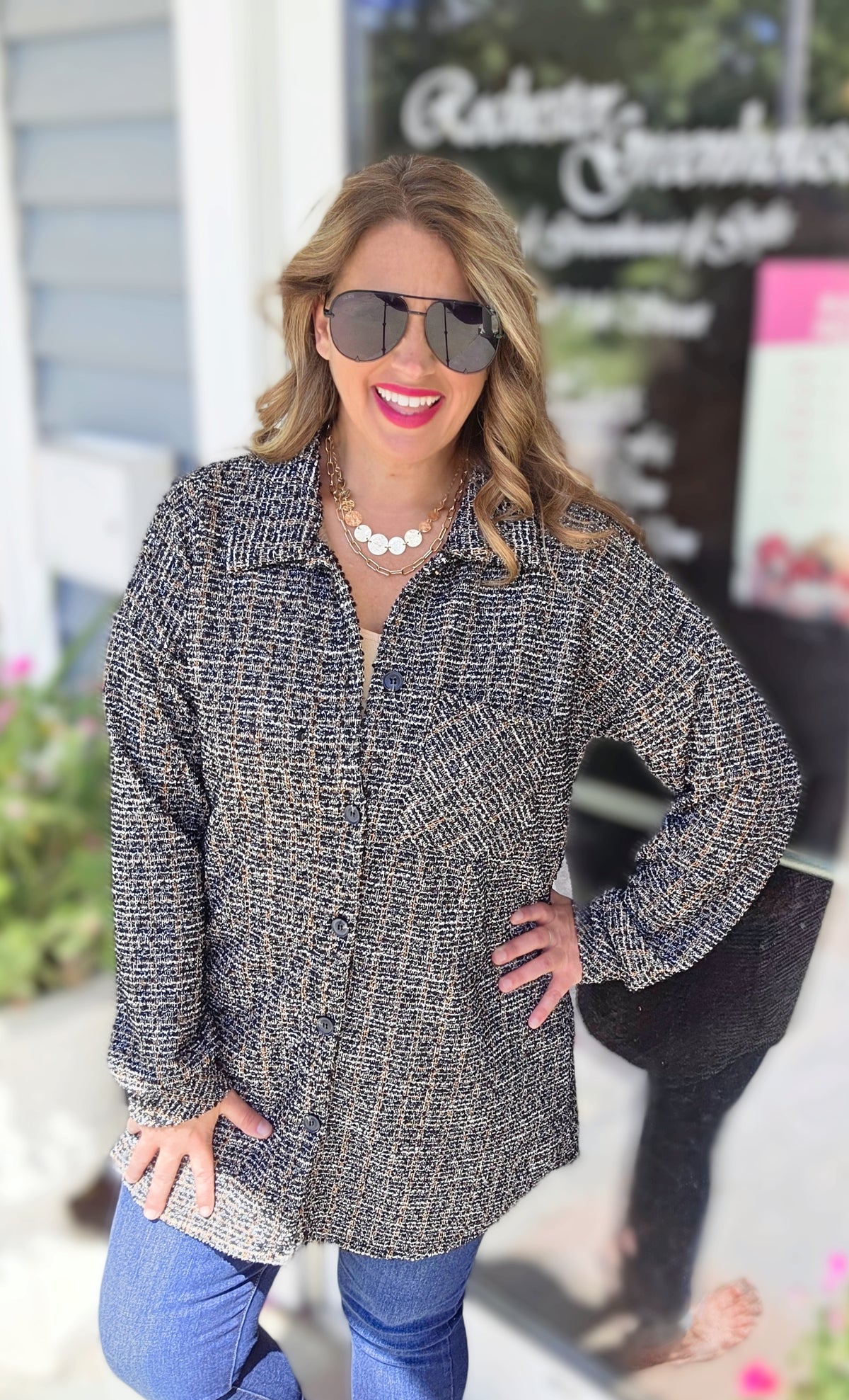 BLACK/GLITZ BUTTON DOWN SOFT TWEED TOP