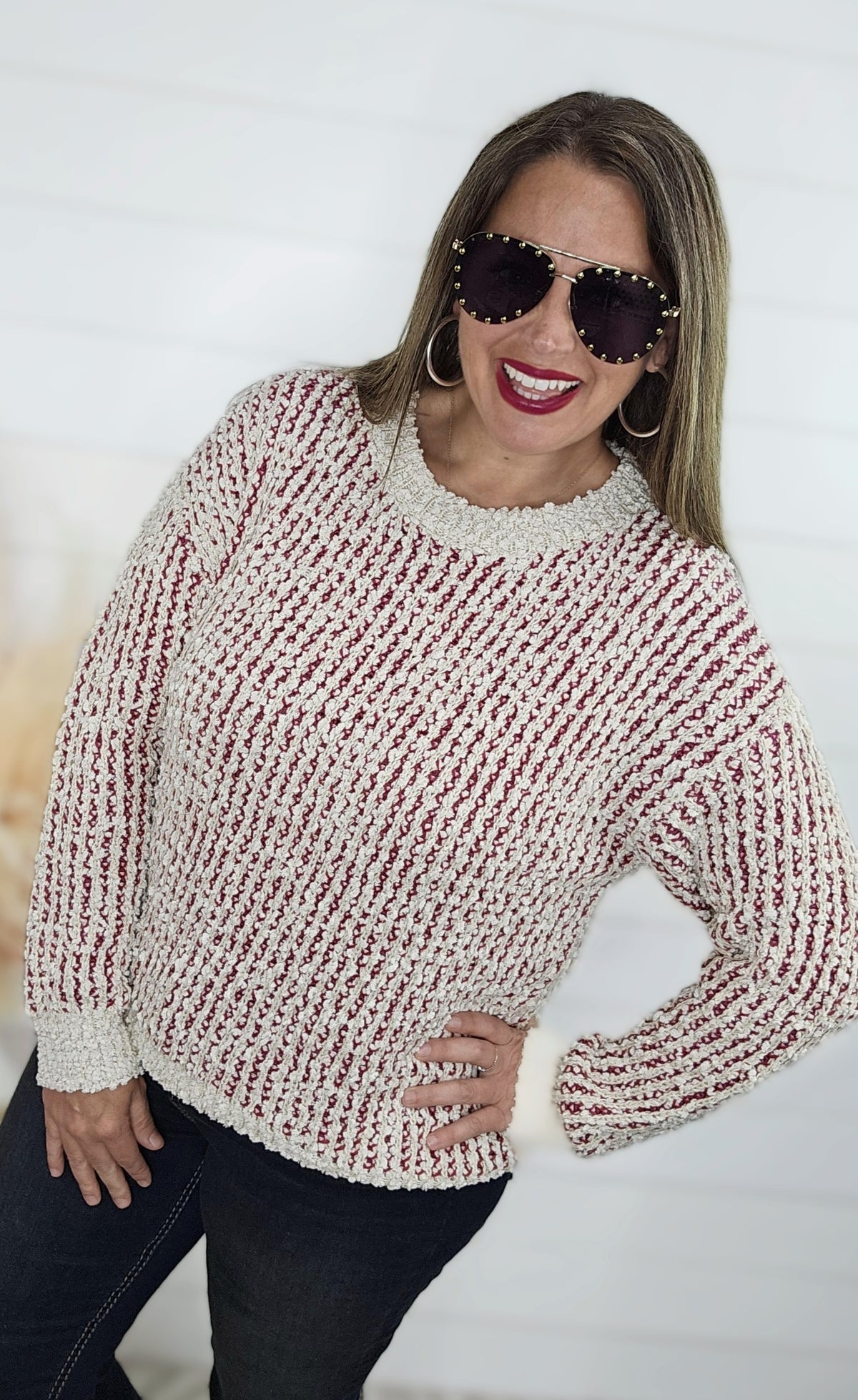 ROSEWOOD POPCORN COLOR MIX CREW NECK PULLOVER SWEATER