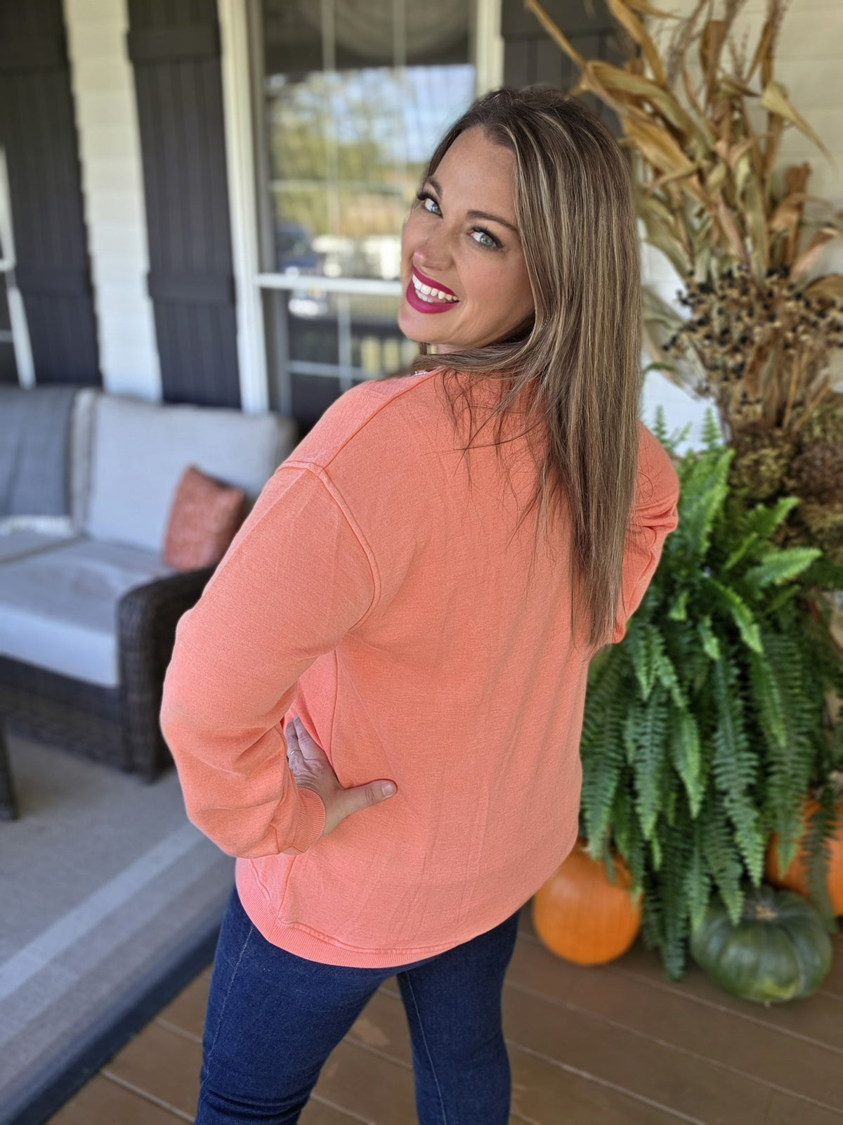 HOT CORAL MINERAL WASH PULLOVER W/ KANGAROO POCKET