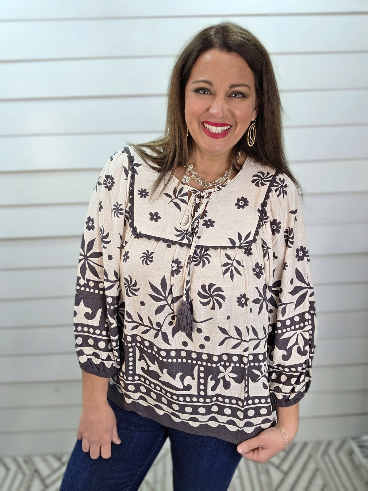 ASH MOCHA PRINTED 3/4 SLEEVE WOVEN TOP