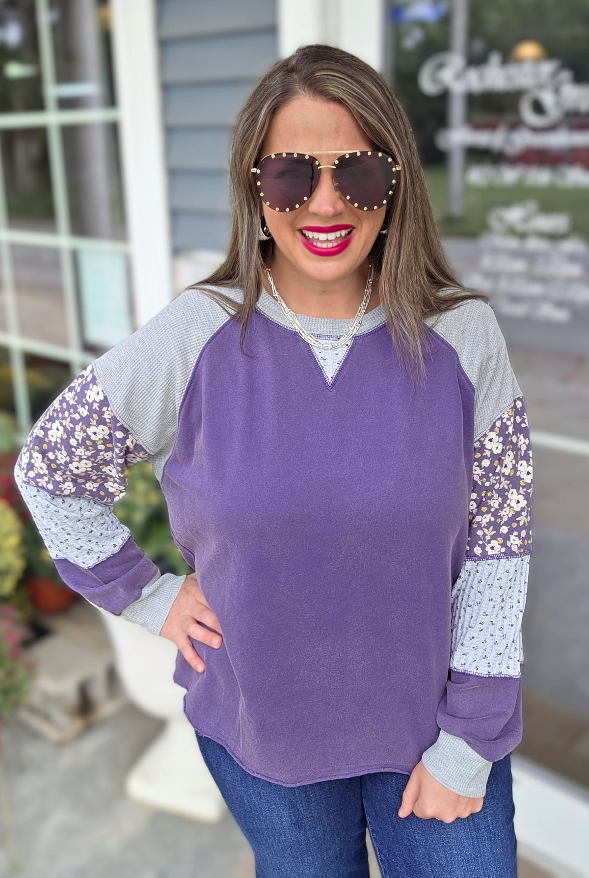 PURPLE PATCHWORK SLEEVE OVERSIZED TOP