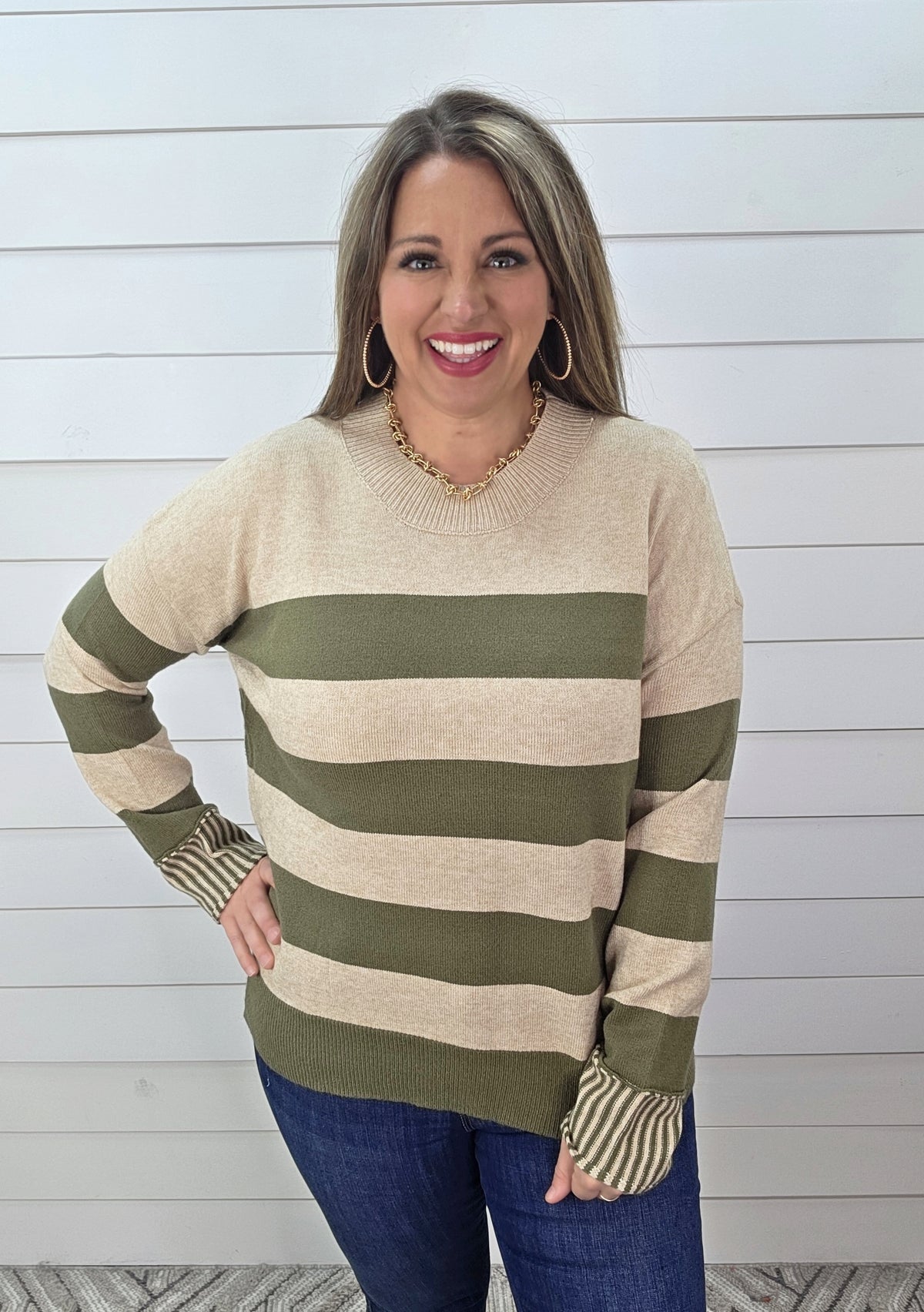 OLIVE/OATMEAL STRIPED CONTRAST KNIT SWEATER