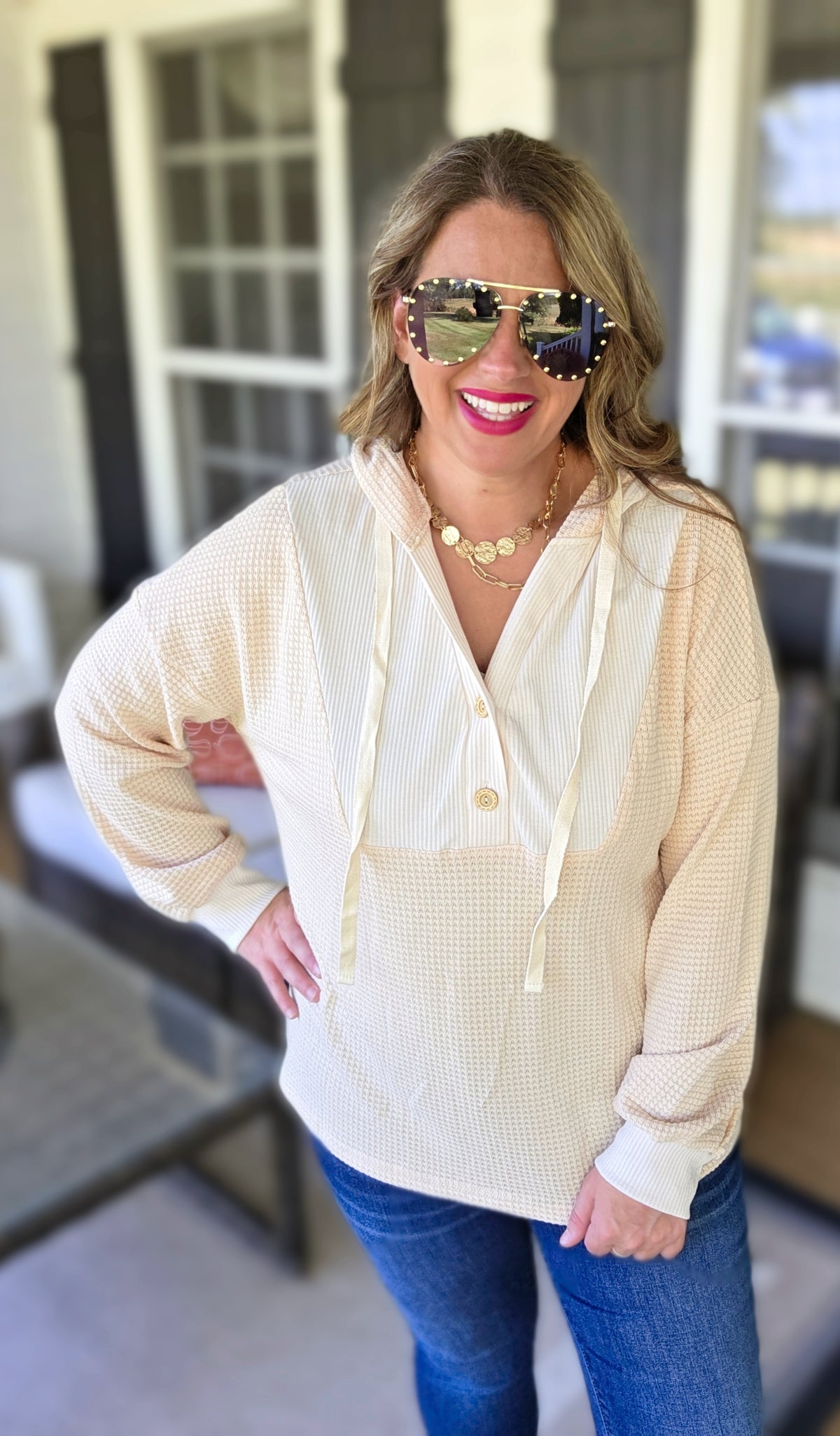 OATMEAL WAFFLE CONTRAST LIGHT WEIGHT HOODIE