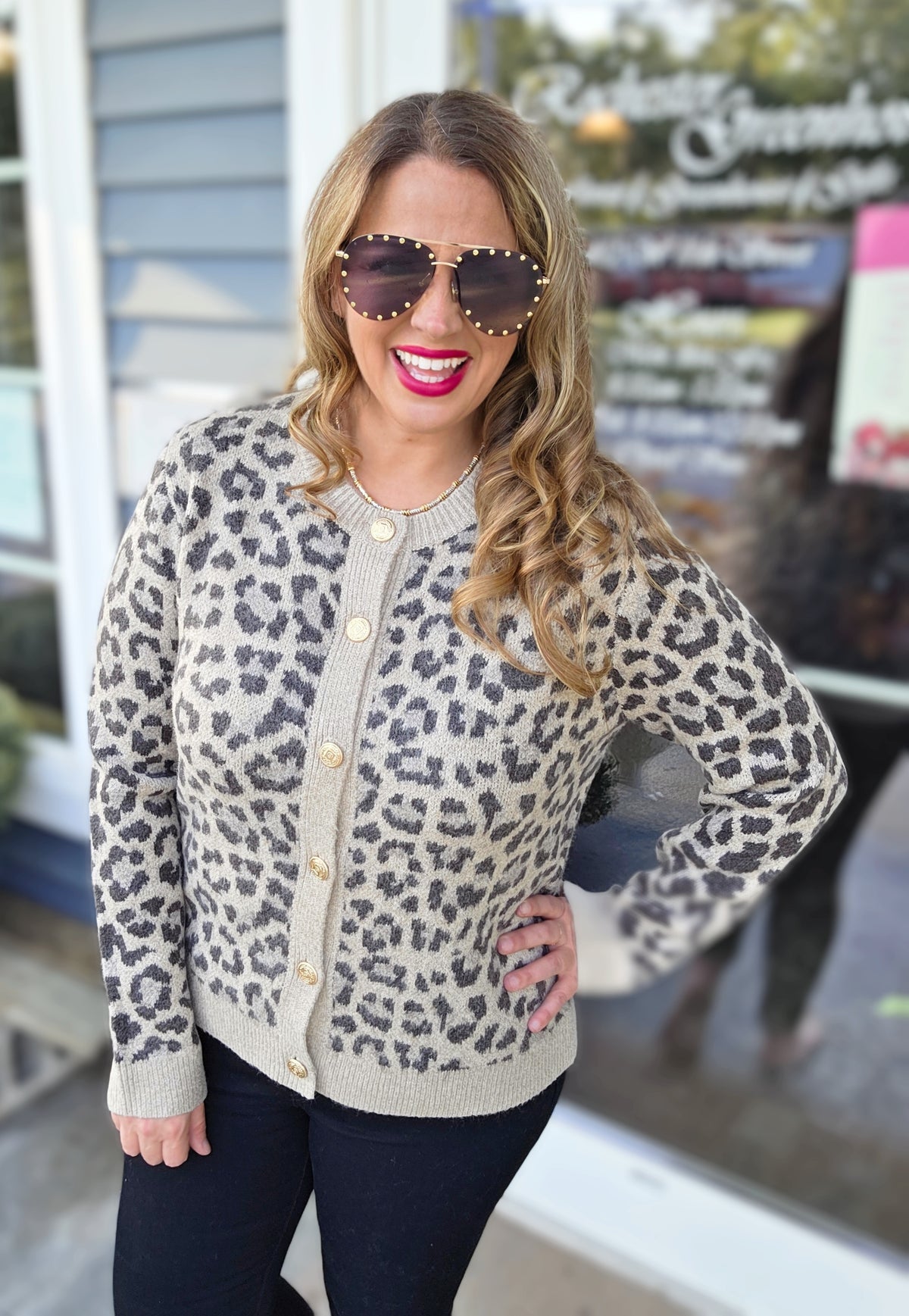 TAUPE LEOPARD BUTTON DOWN SWEATER CARDIGAN