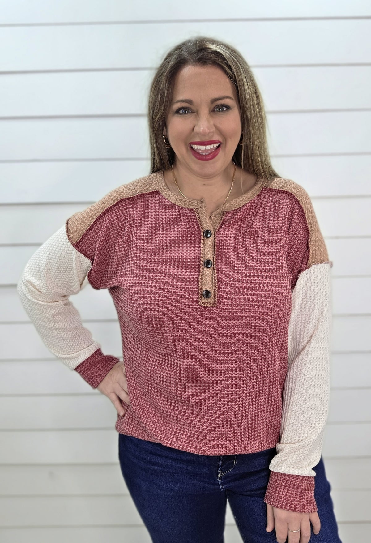 BURGUNDY COLORBLOCK WAFFLE KNIT TOP