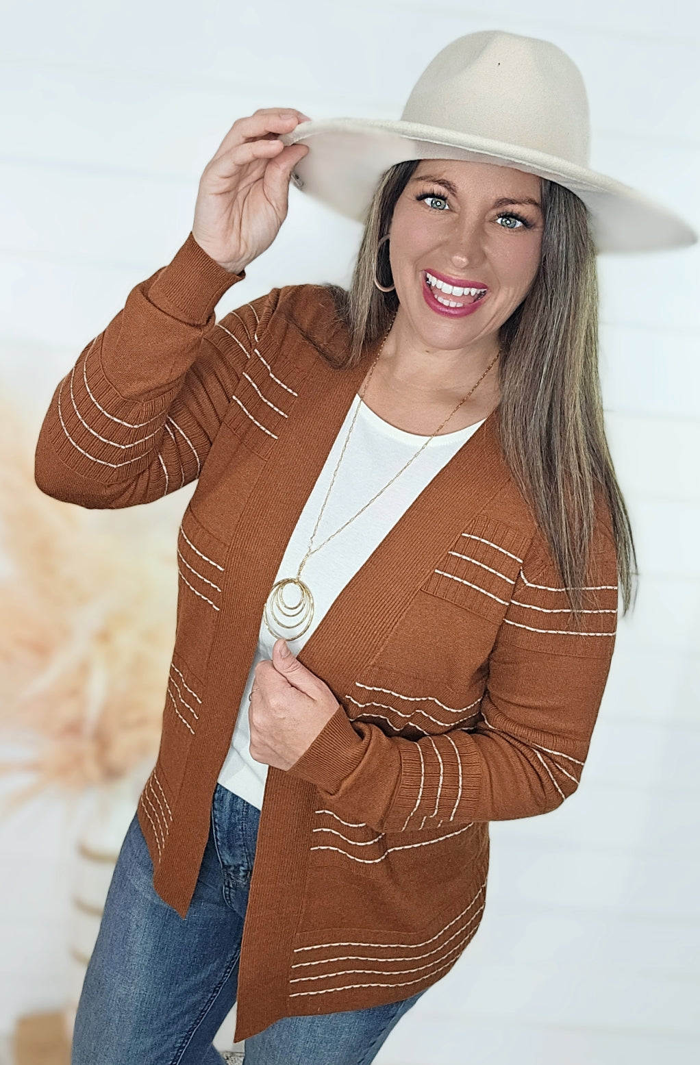 BROWN STITCH STRIPED OPEN FRONT CARDIGAN