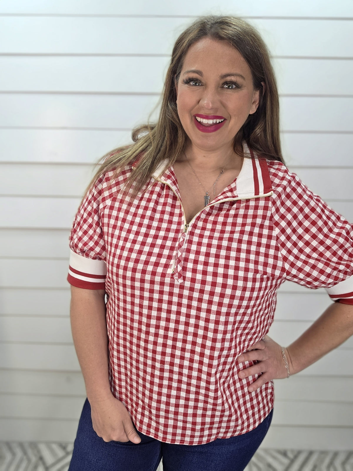 RED GIGHAM HALF ZIP WOVENT TOP