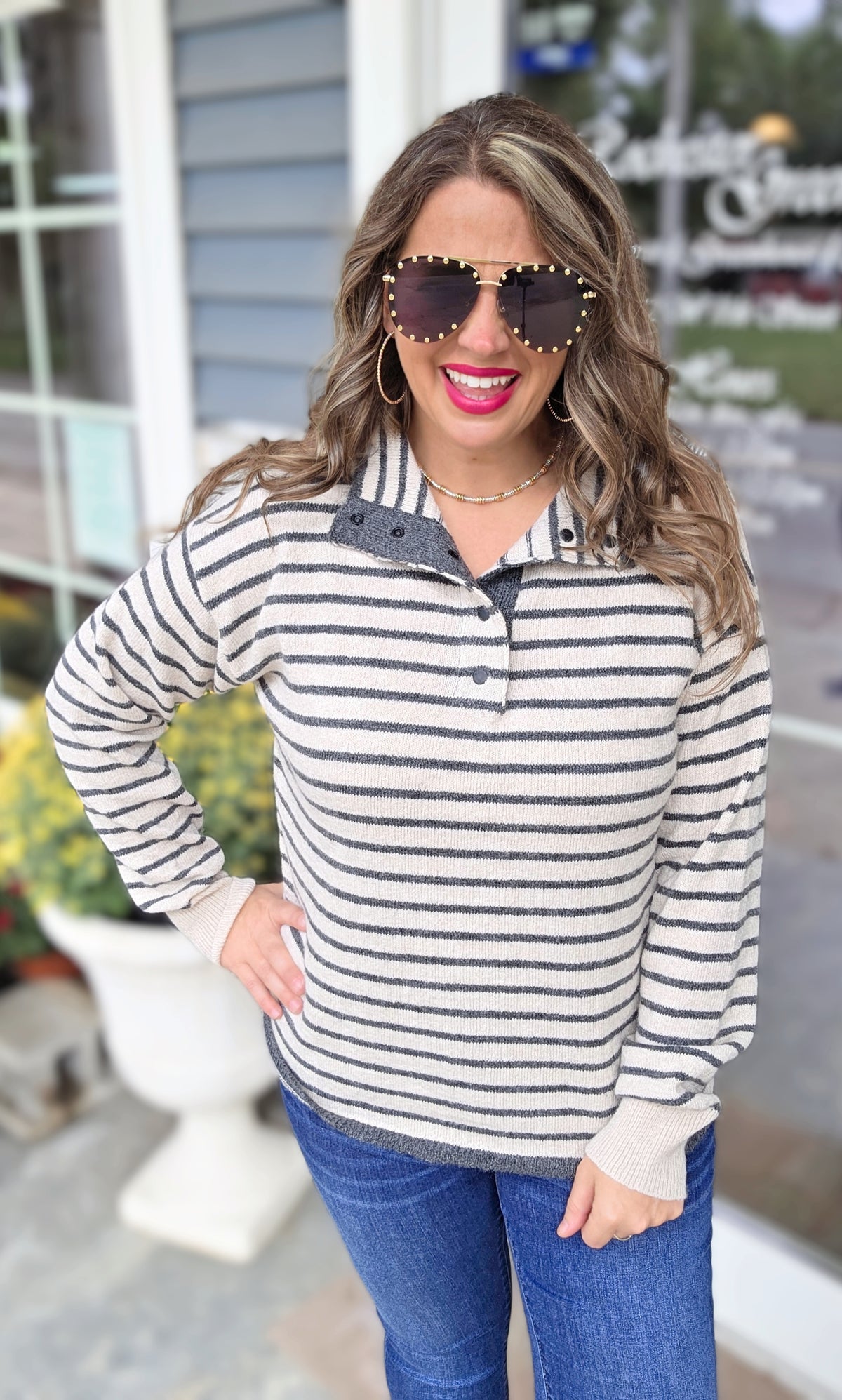 OATMEAL/CHARCOAL STRIPED QUARTER SNAP BUTTON SWEATER