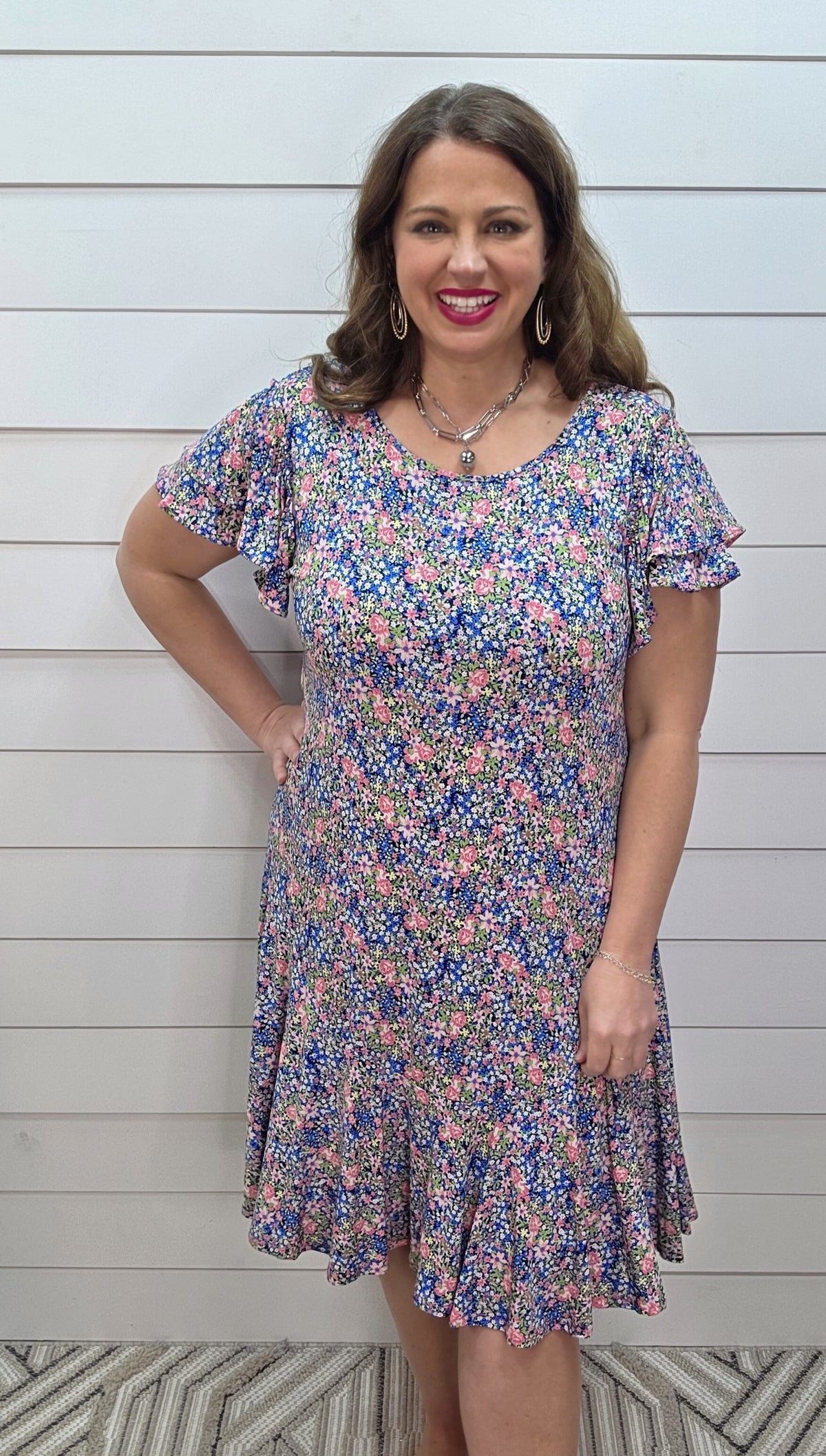 NAVY/PINK PETITE FLORAL DRESS W/ RUFFLE HEM