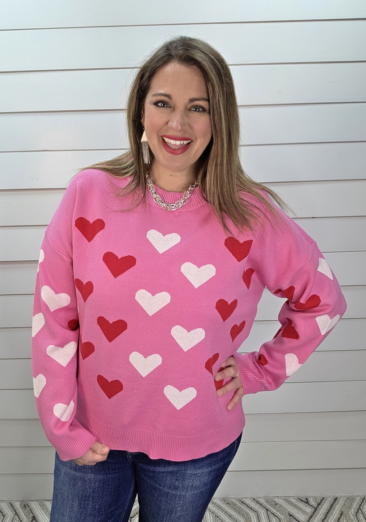HOT PINK HEART CREW NECK SWEATER