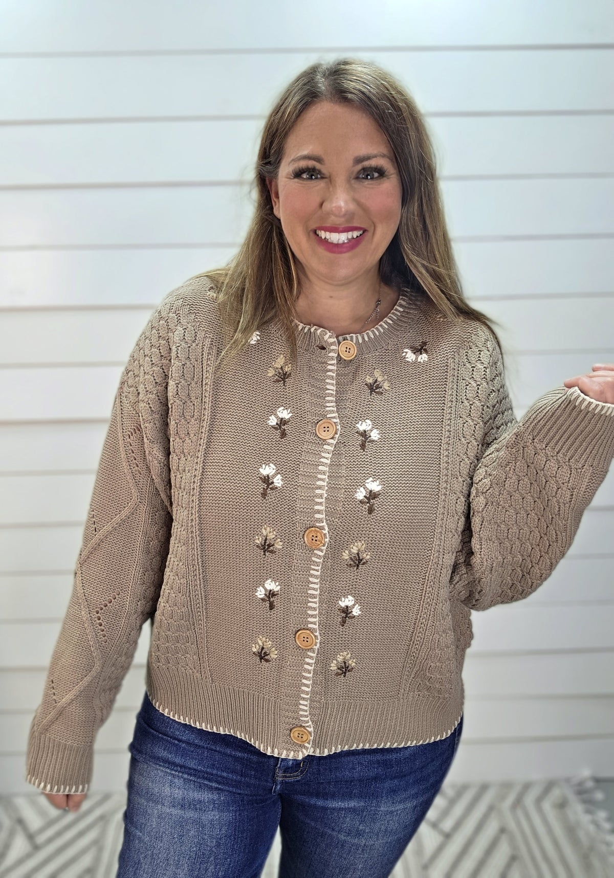 MOCHA FLORAL EMBROIDERED BUTTON DOWN SWEATER